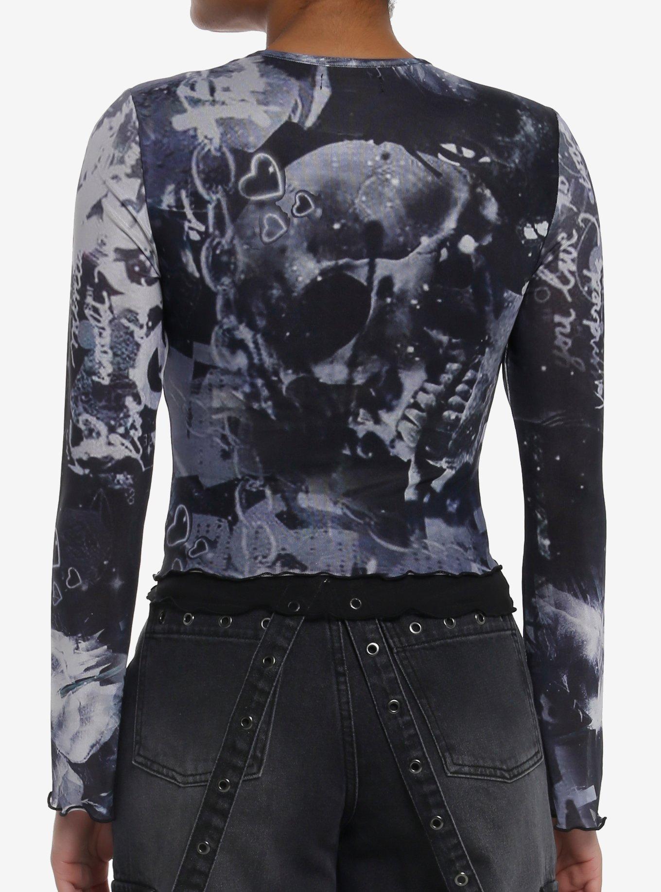 Skull & Chains Double Mesh Girls Long-Sleeve Top, BLUE, alternate