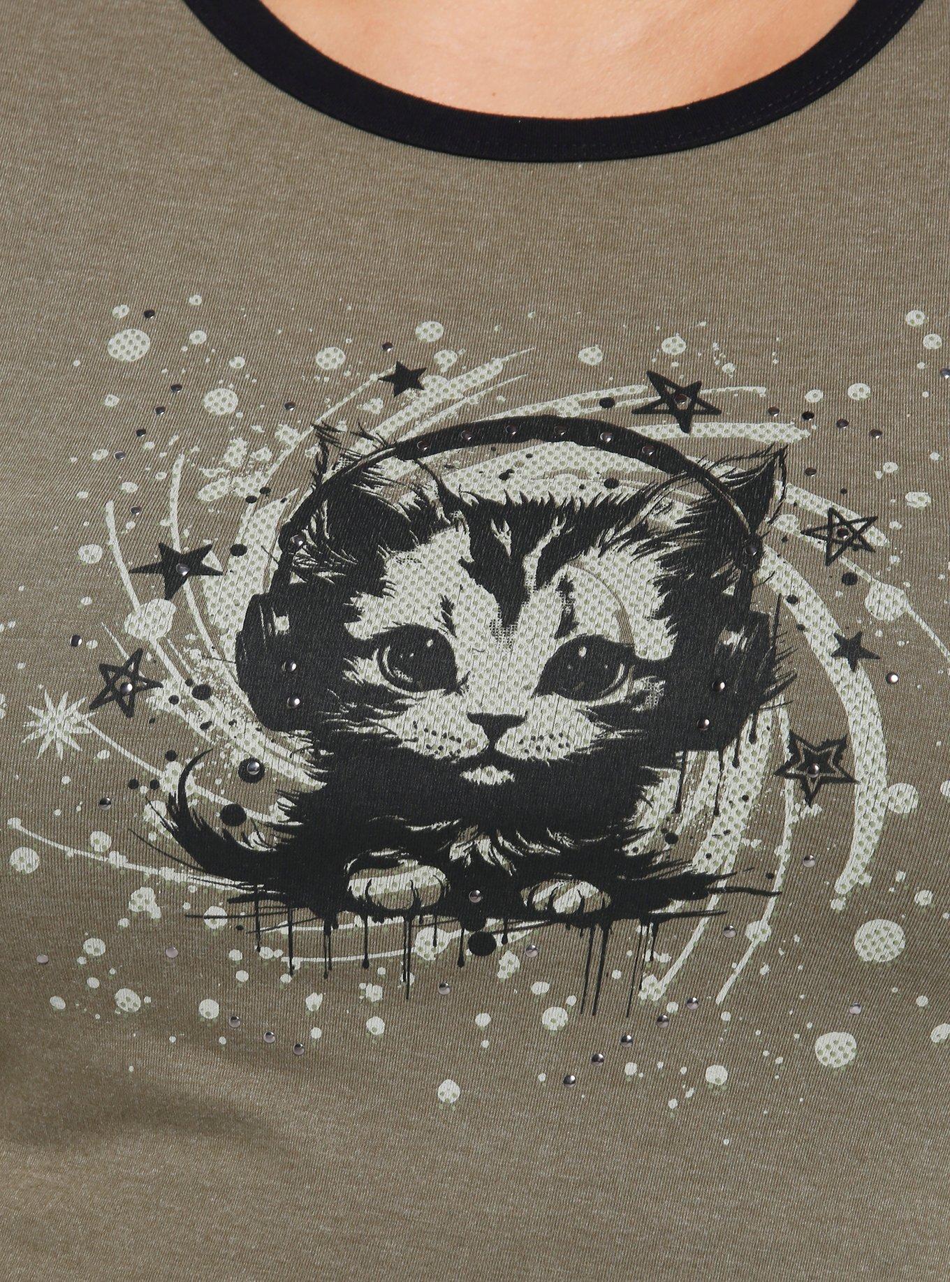 Social Collision Cat Rhinestone Girls Ringer Baby T-Shirt Plus Size, BLACK, alternate