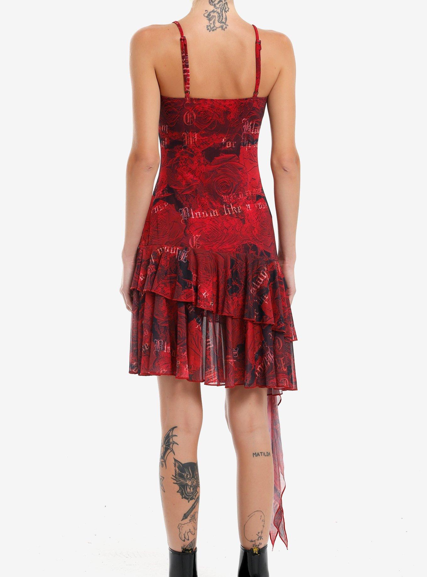 Red Paisley Rose Ruffle Asymmetrical Dress, , hi-res