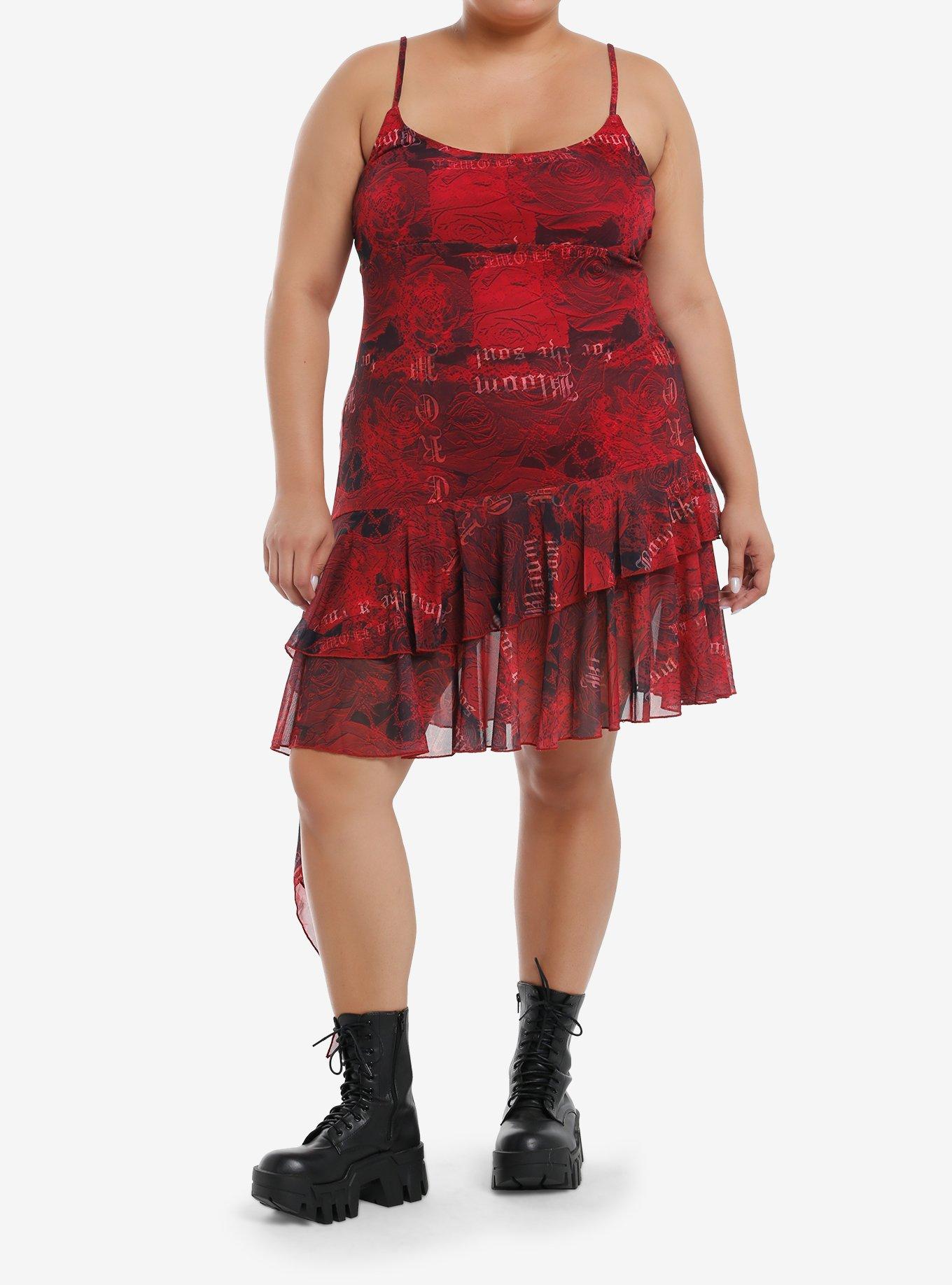 Red Paisley Rose Ruffle Asymmetrical Dress Plus Size, BLACK, alternate