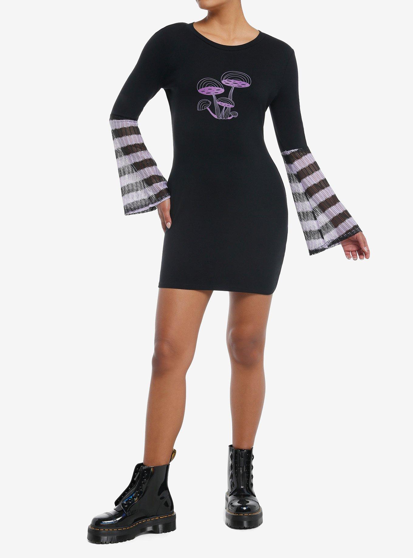 Purple Mushroom Knit Bell Sleeve Dress, BLACK, alternate