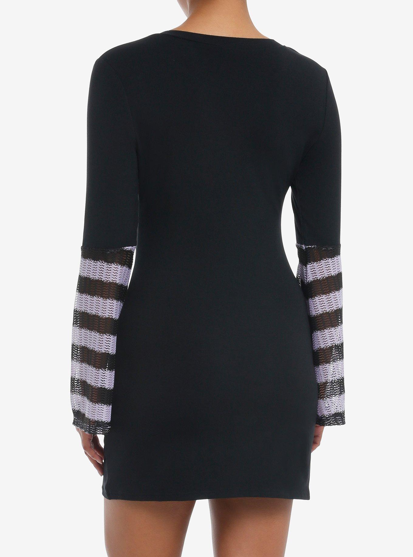 Purple Mushroom Knit Bell Sleeve Dress, BLACK, alternate