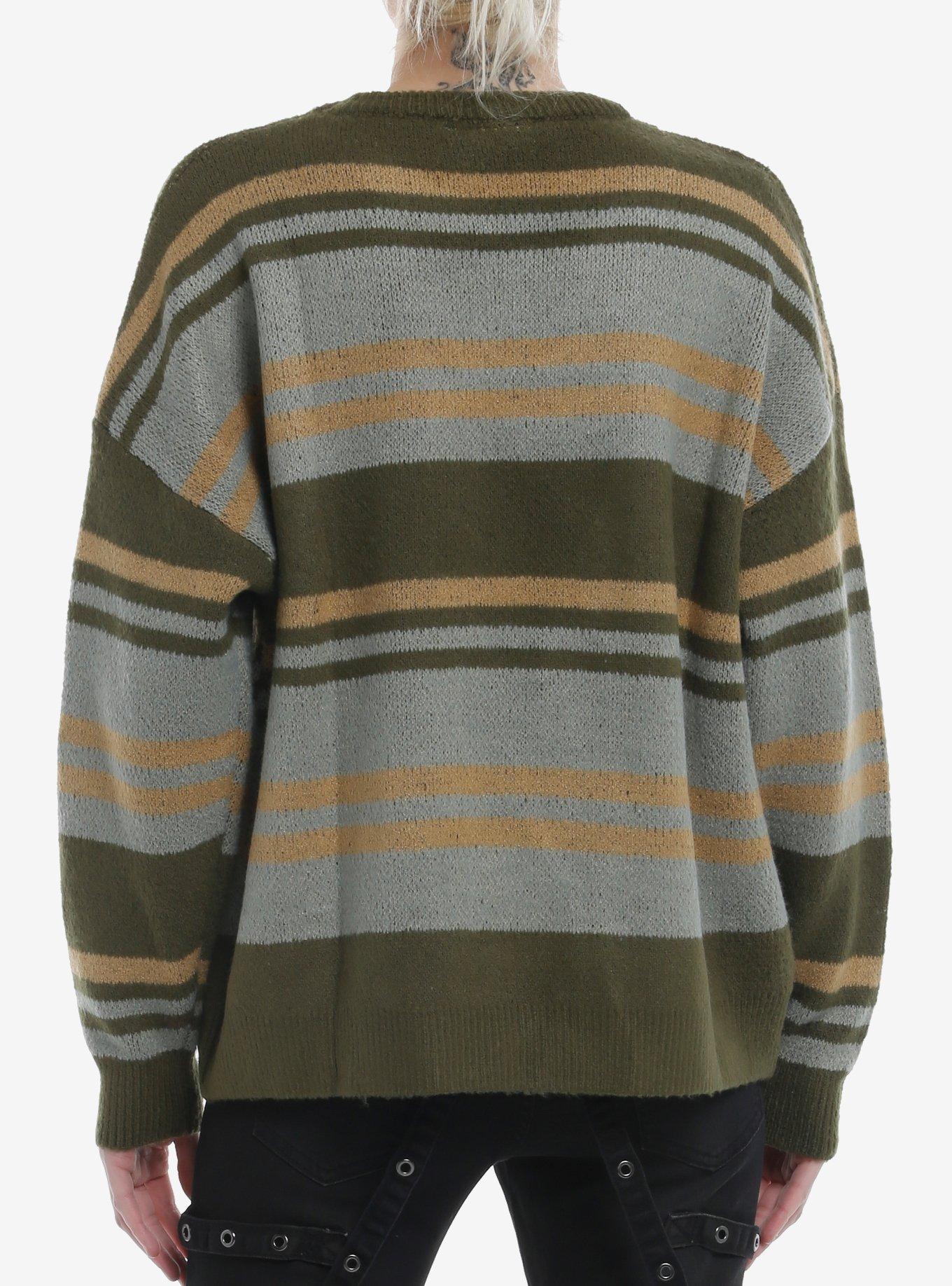 Skull Stripe Girls Fuzzy Sweater, GREEN, alternate