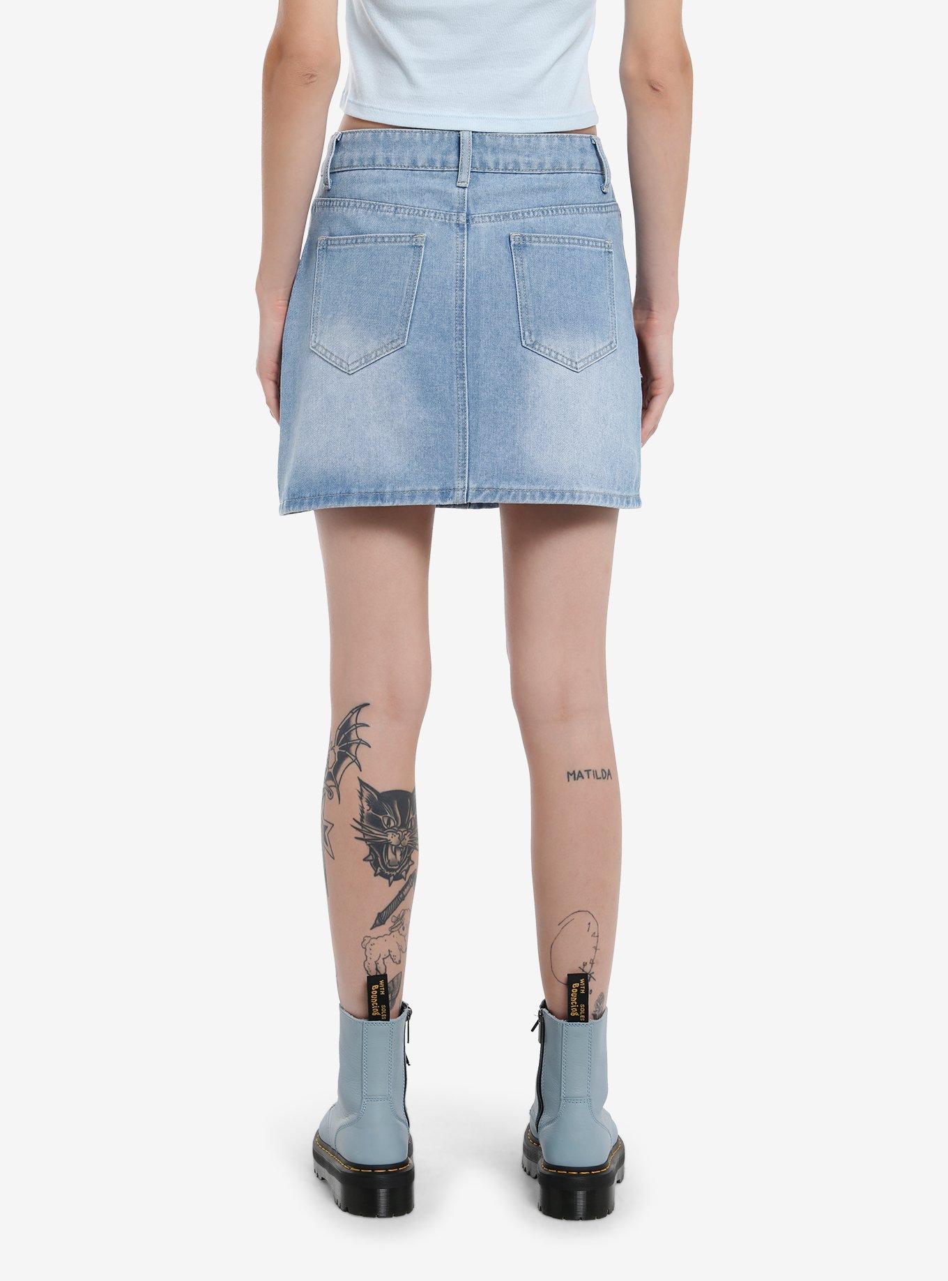 Light Indigo Frayed Star Patches Denim Mini Skirt, , hi-res