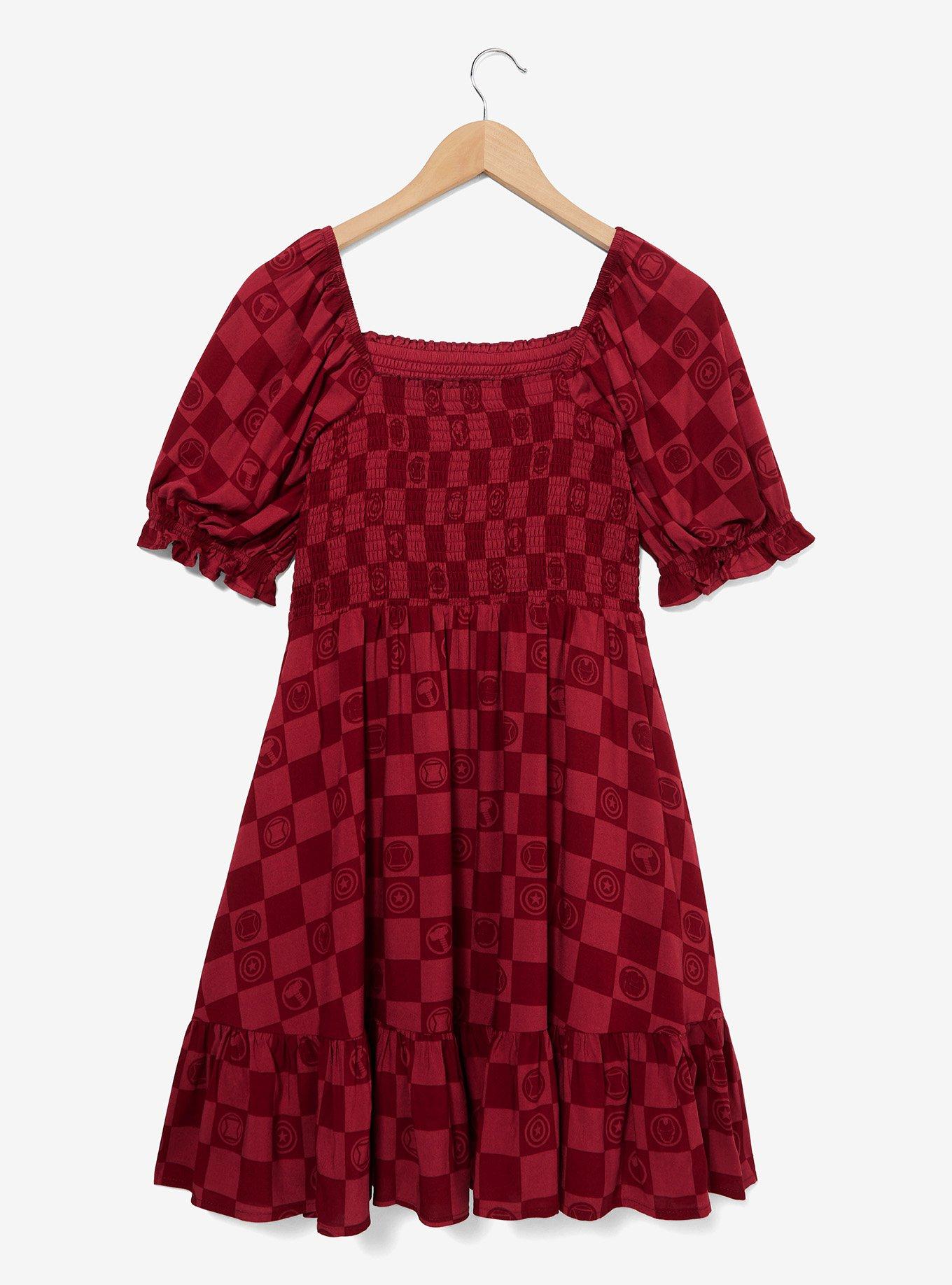 Marvel Avengers Icons Checkered Smock Dress - BoxLunch Exclusive, MAROON, alternate