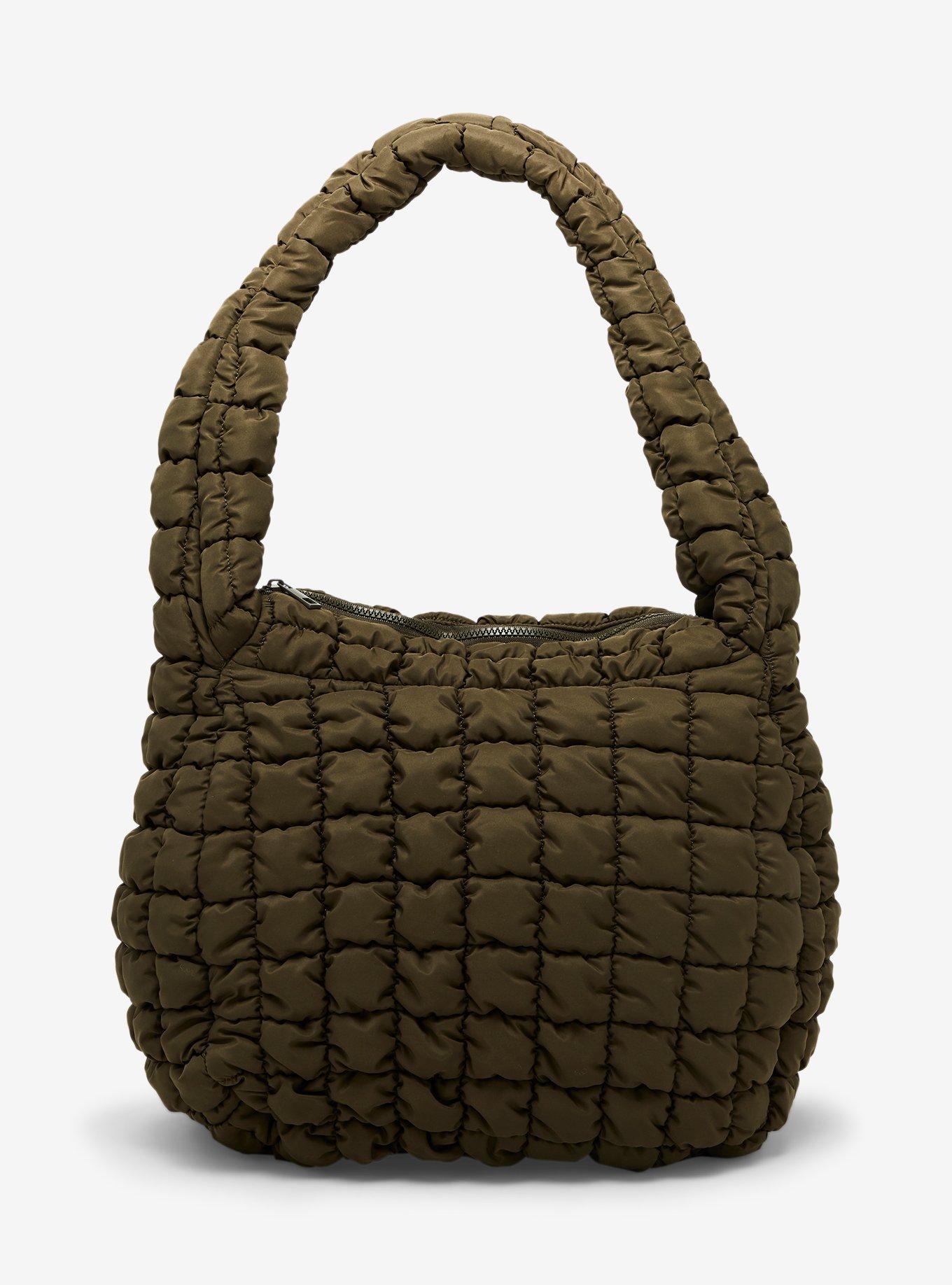 Army Green Quilted Puffer Shoulder Tote Bag, , alternate