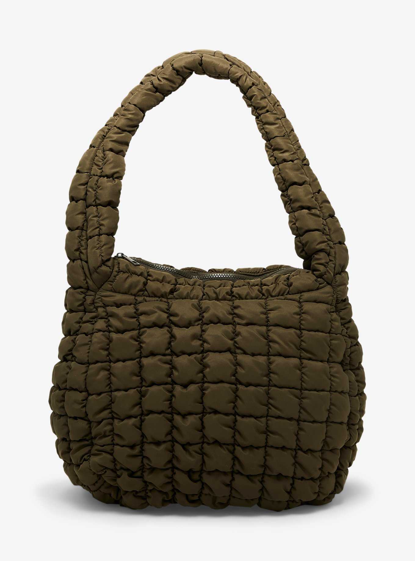 Army Green Quilted Puffer Shoulder Tote Bag, , hi-res