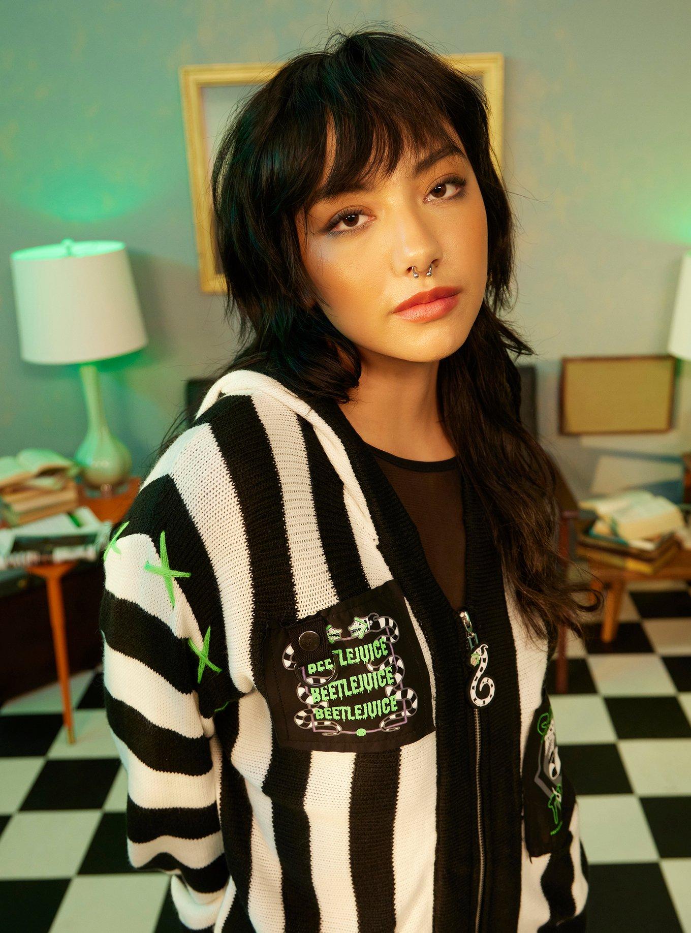Beetlejuice Beetlejuice Stripe Patches Girls Hooded Cardigan, MULTI, alternate