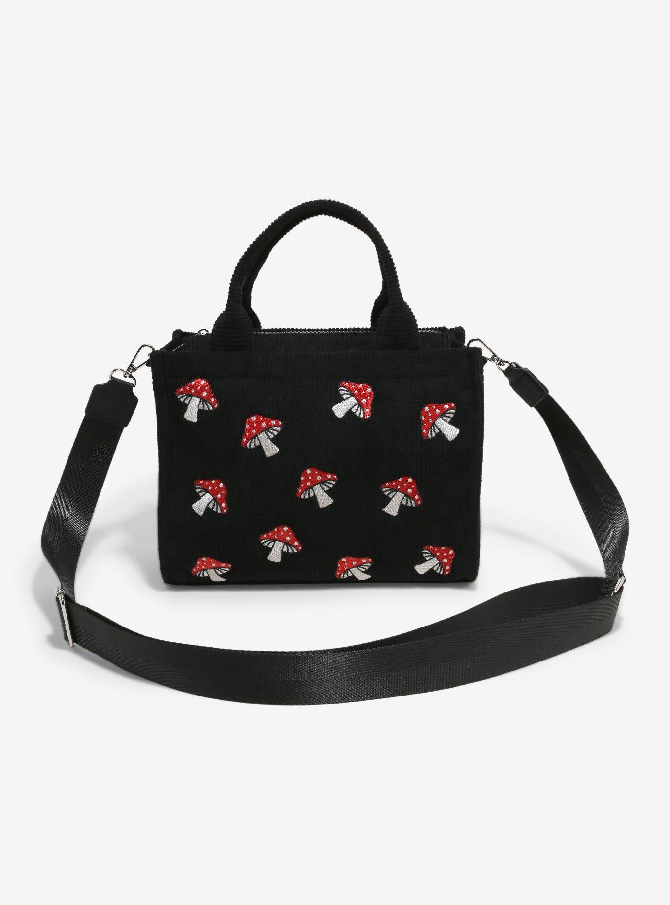 Mushroom Embroidered Black Corduroy Crossbody Bag, , alternate