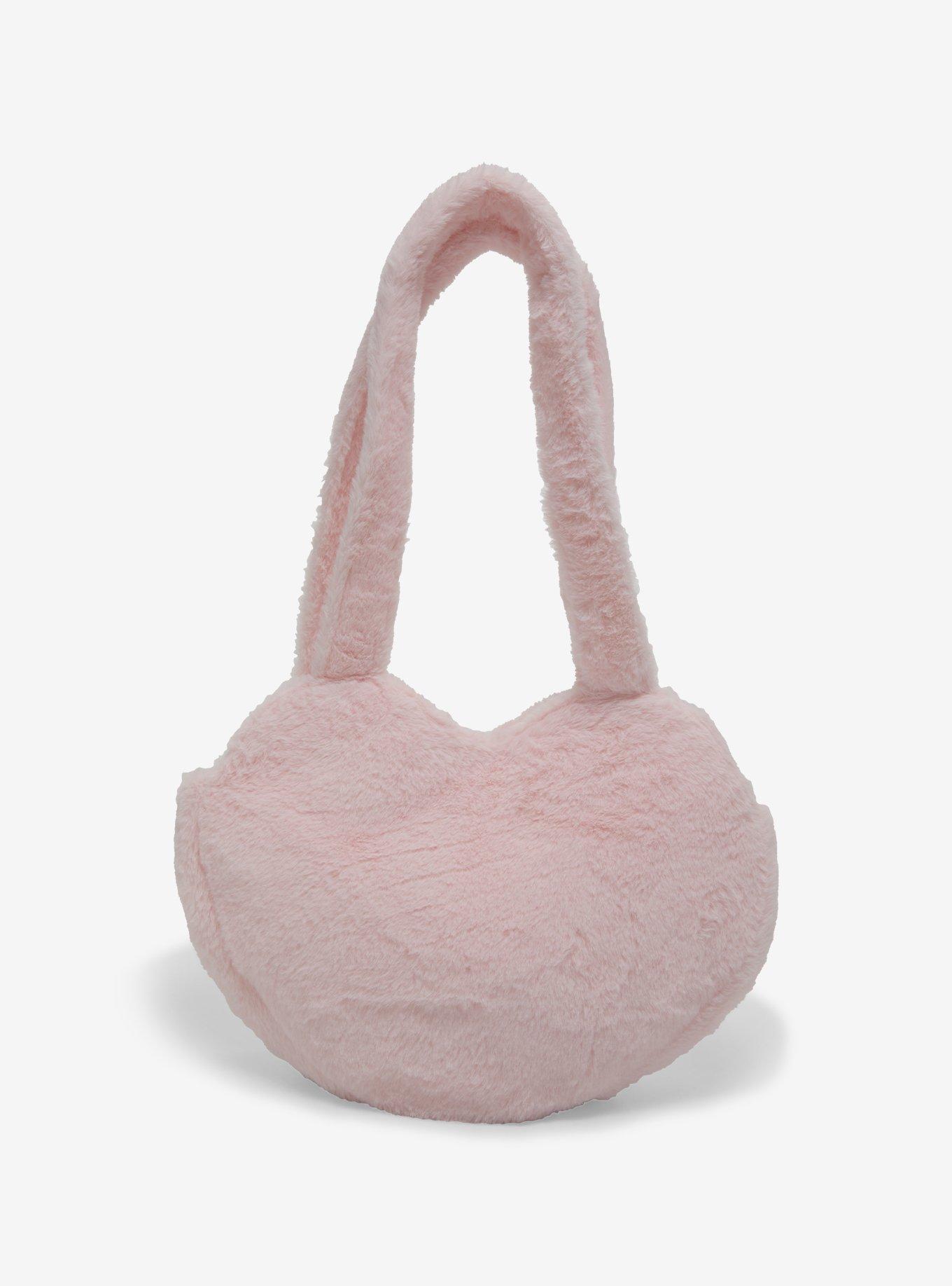 Pastel Pink Heart Fuzzy Plush Tote Bag, , alternate