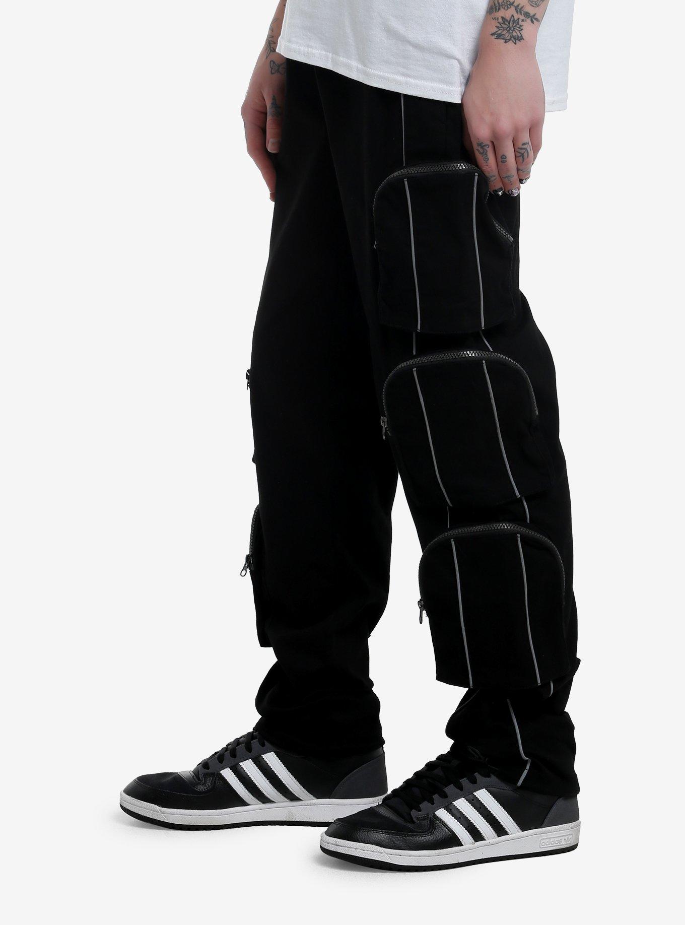 Black Zipper Cargo Pocket Pants, BLACK, alternate