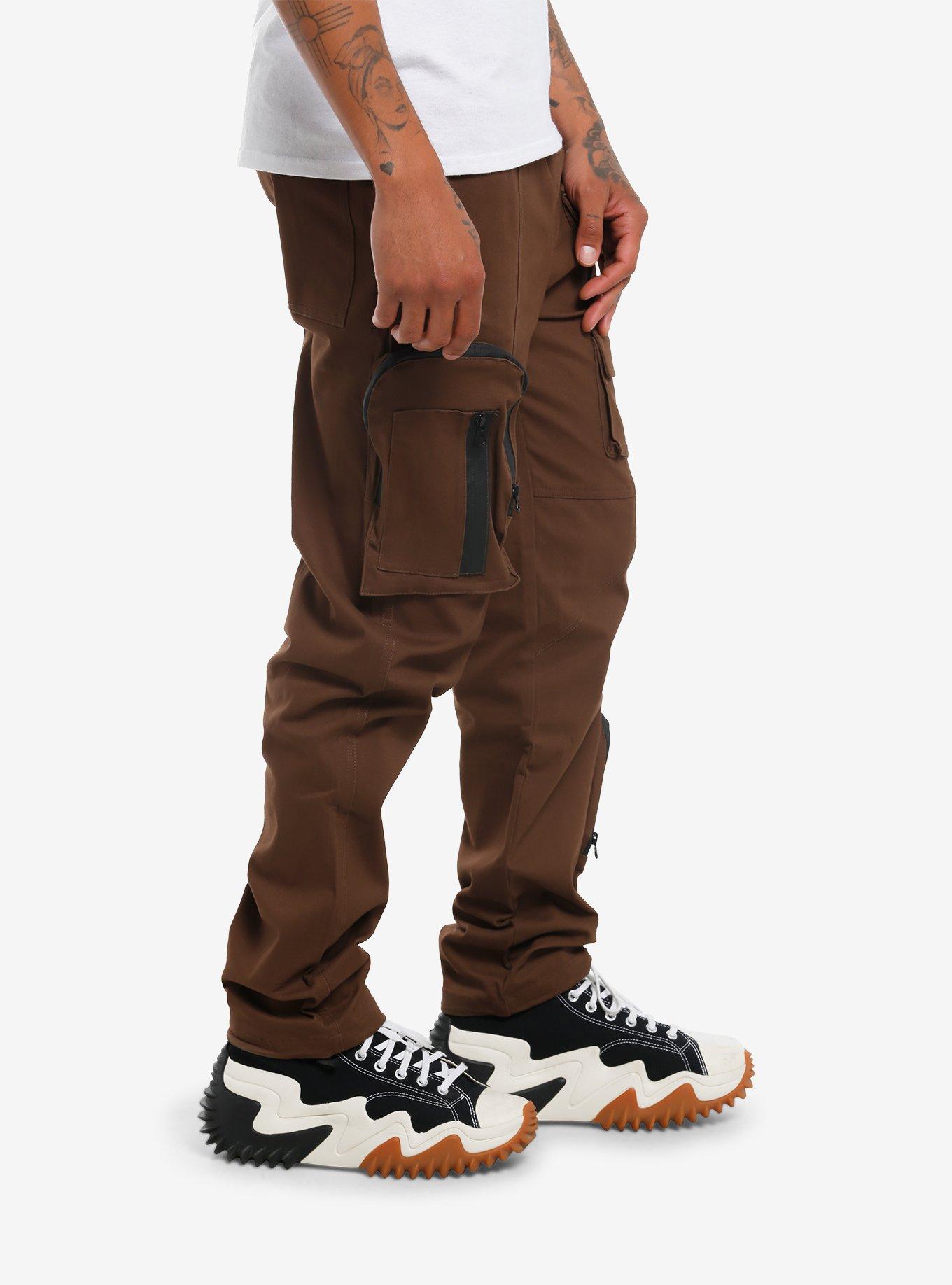 Brown Cargo Zipper Pocket Pants, , hi-res