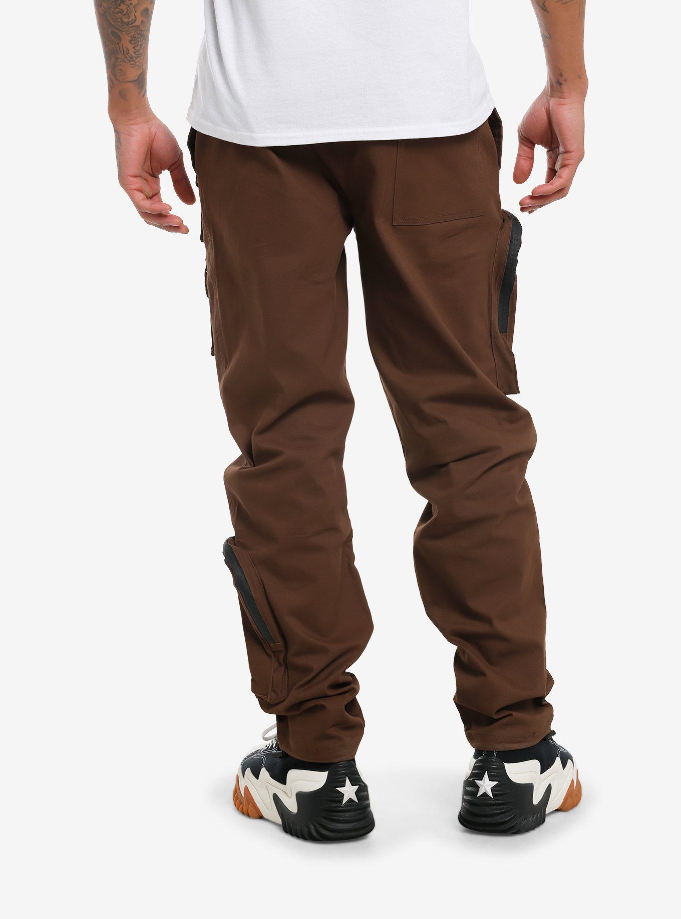 Brown Cargo Zipper Pocket Pants, BROWN, alternate