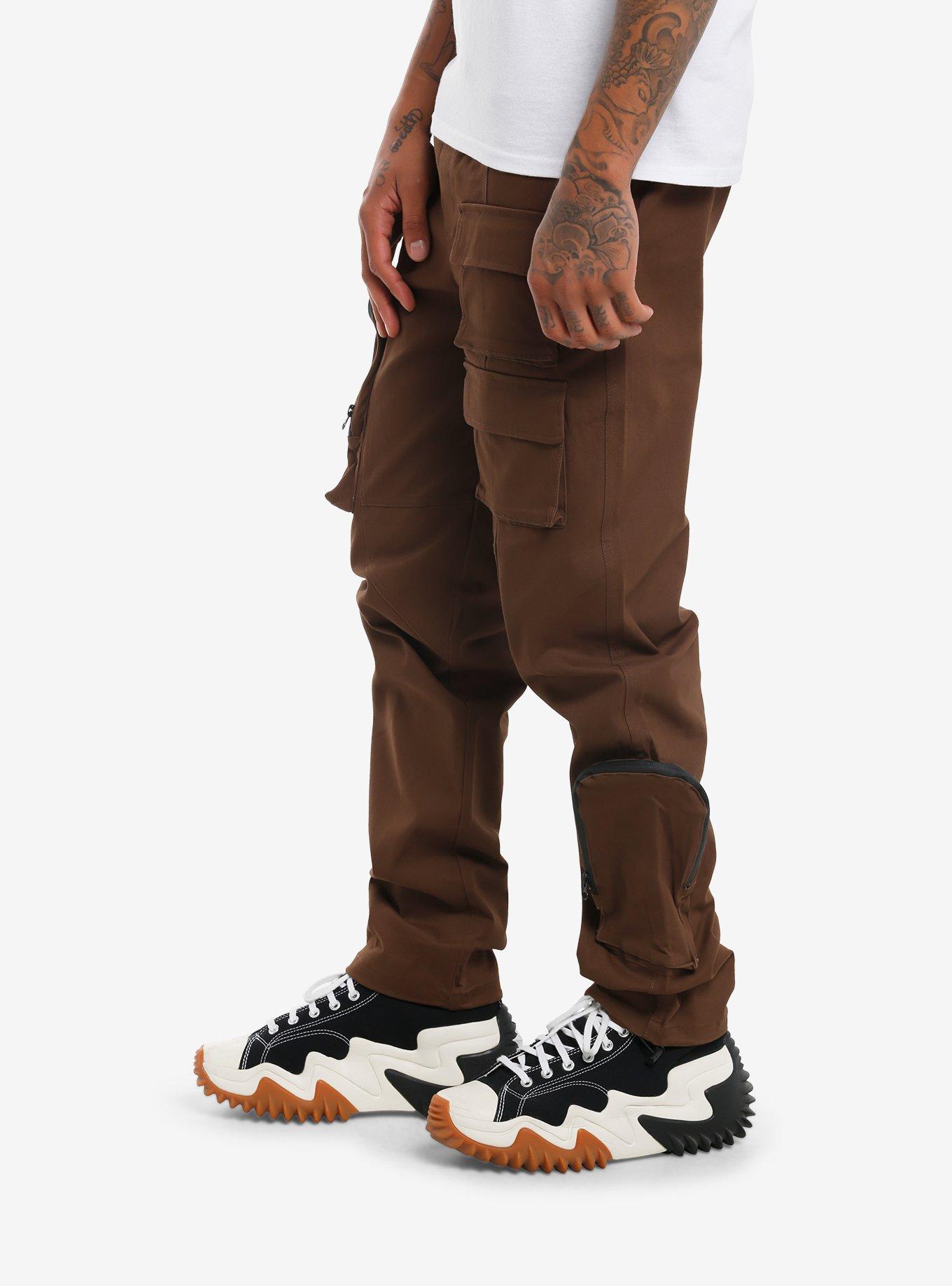 Brown Cargo Zipper Pocket Pants, BROWN, alternate