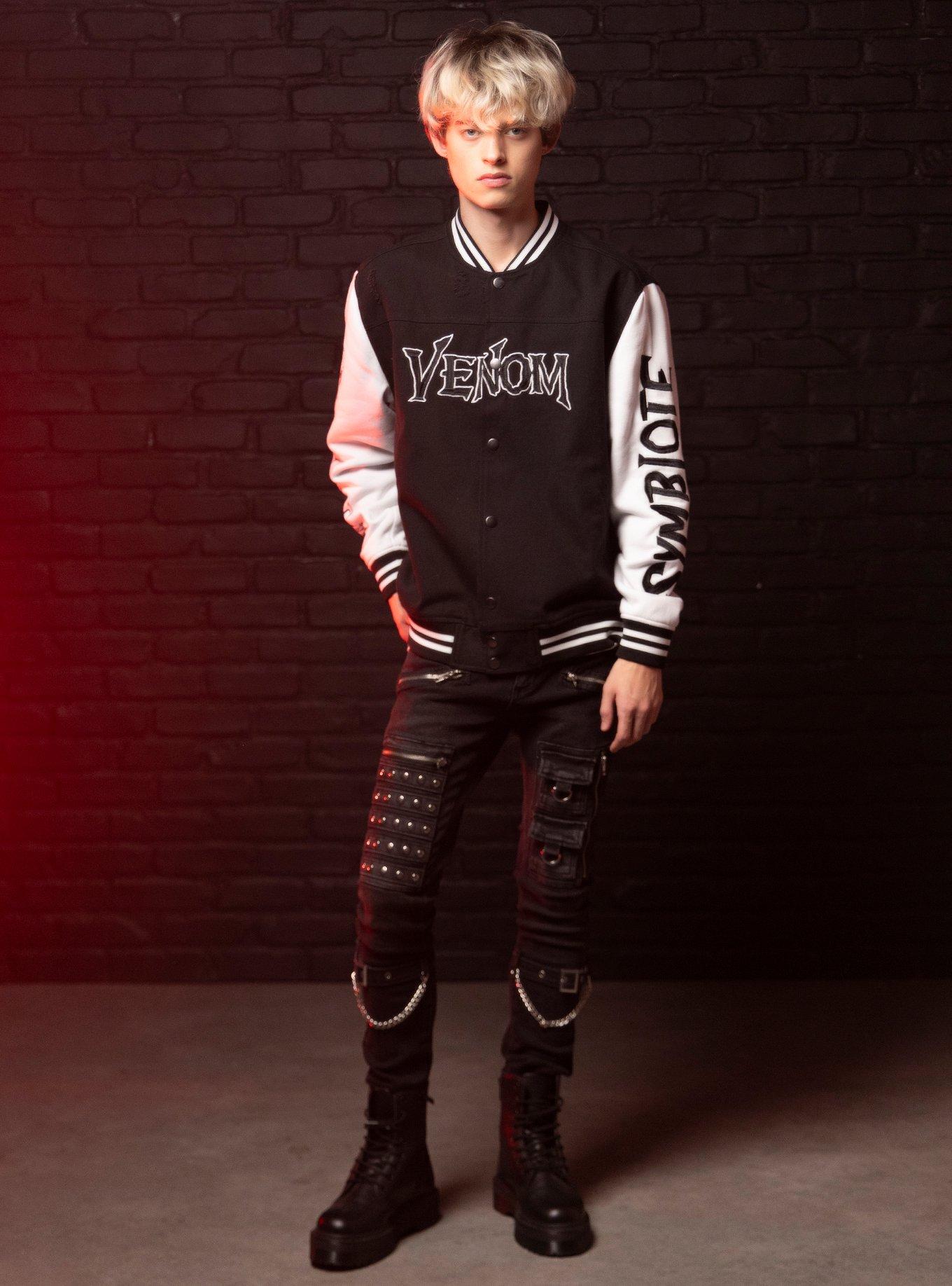 Our Universe Marvel Venom Patches Destructed Varsity Jacket, BLACK  WHITE, alternate