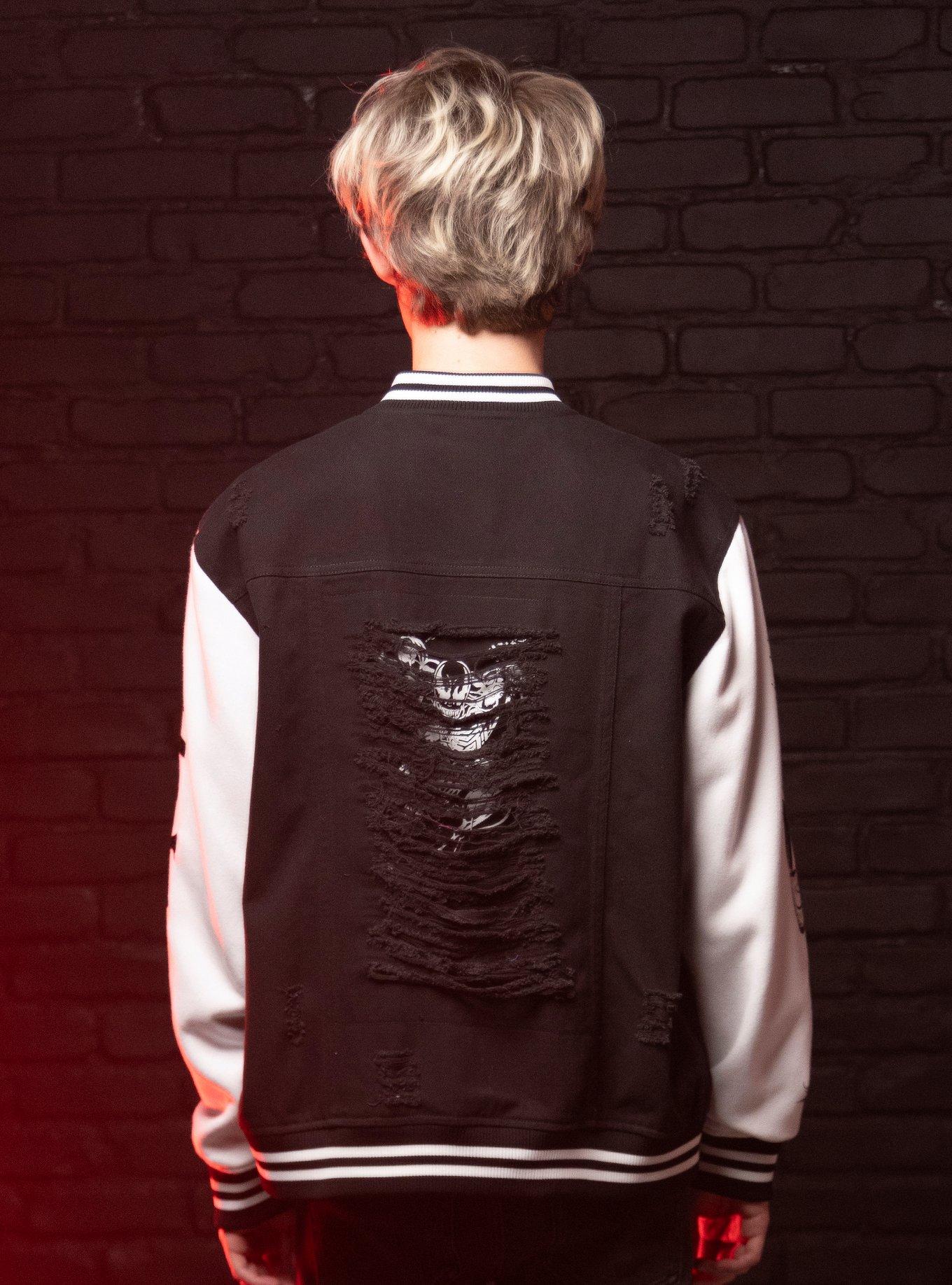 Our Universe Marvel Venom Patches Destructed Varsity Jacket, BLACK  WHITE, alternate