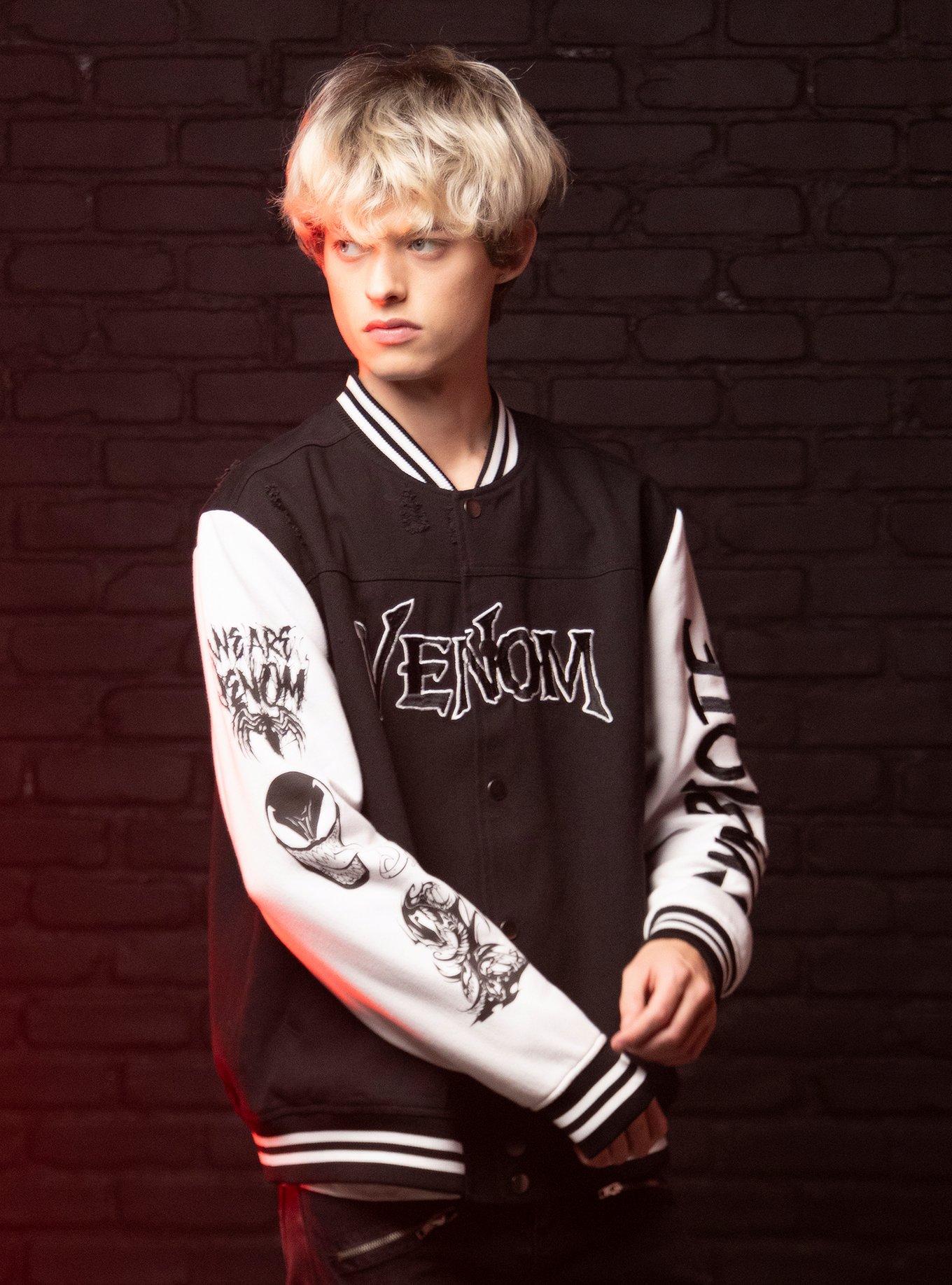 Our Universe Marvel Venom Patches Destructed Varsity Jacket, BLACK  WHITE, alternate