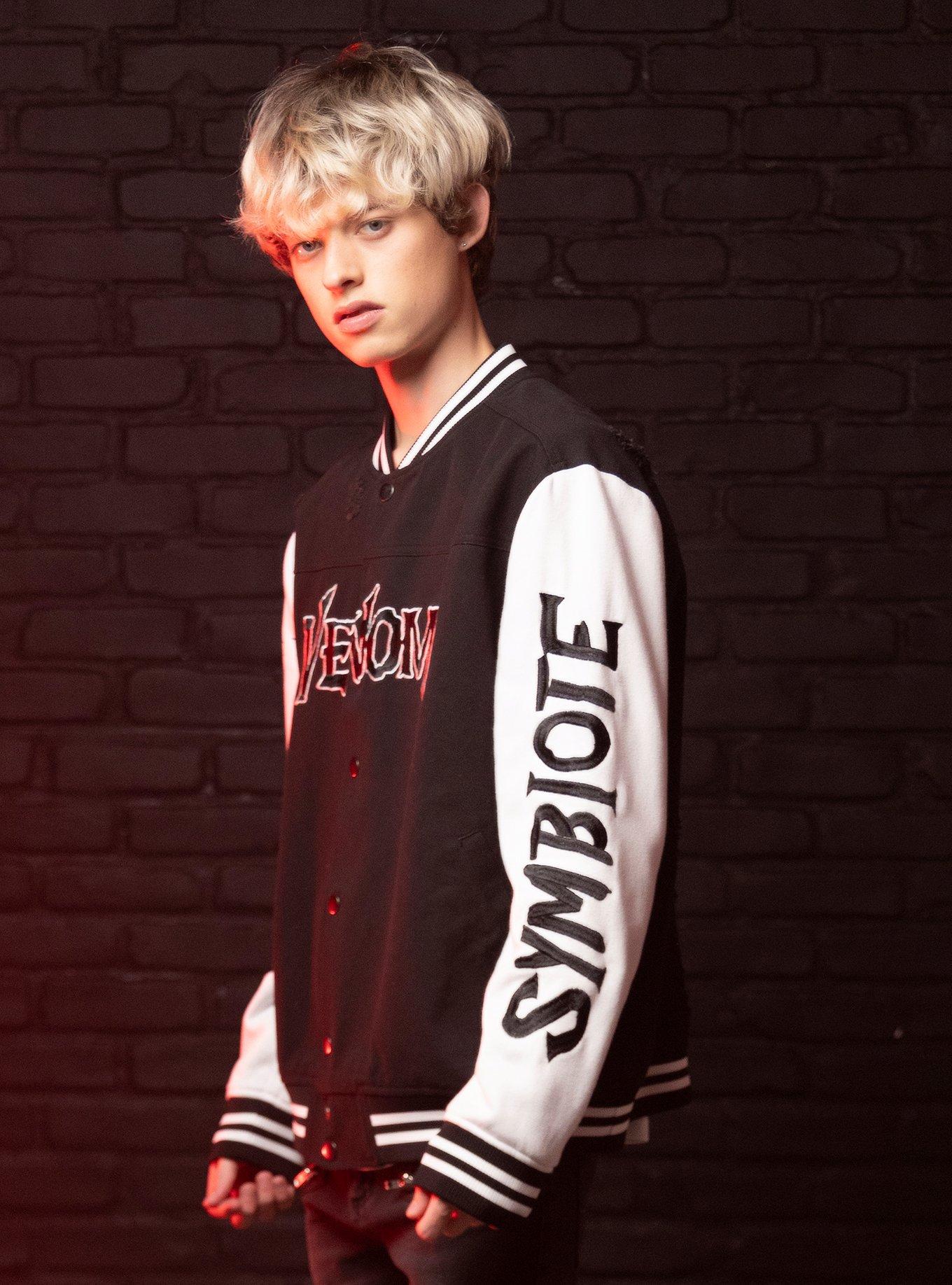 Our Universe Marvel Venom Patches Destructed Varsity Jacket, BLACK  WHITE, alternate