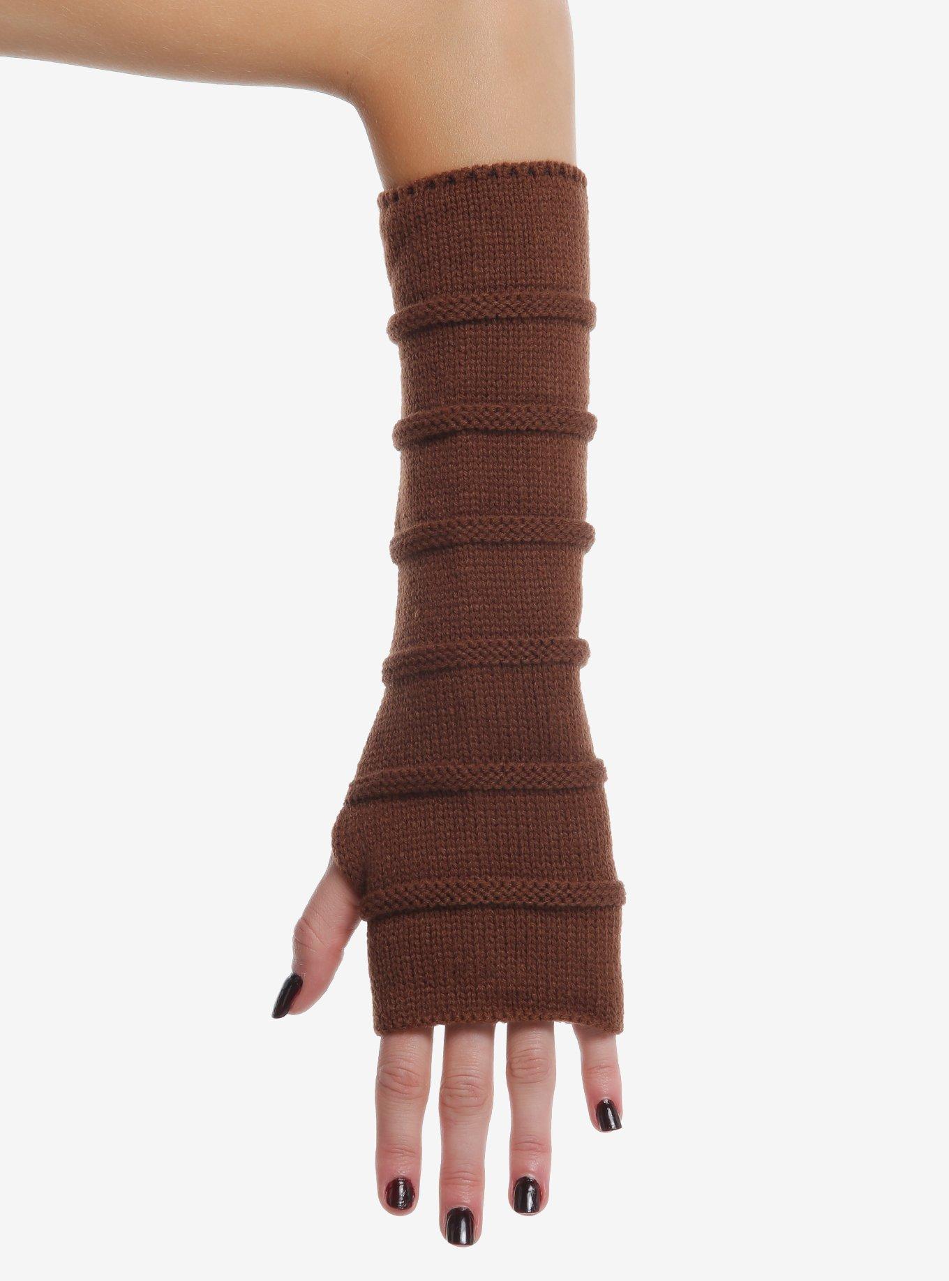 Brown Texture Knit Arm Warmers, , alternate