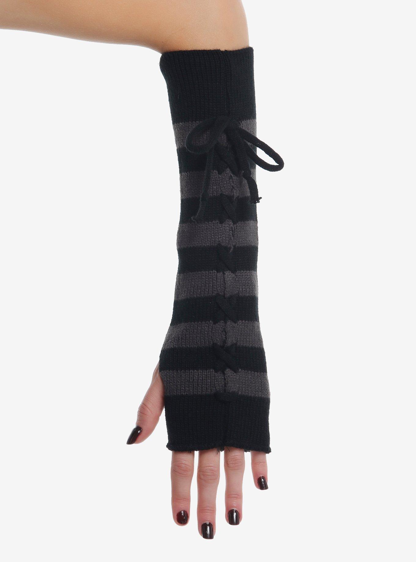 Black & Grey Stripe Lace-Up Arm Warmers, , alternate