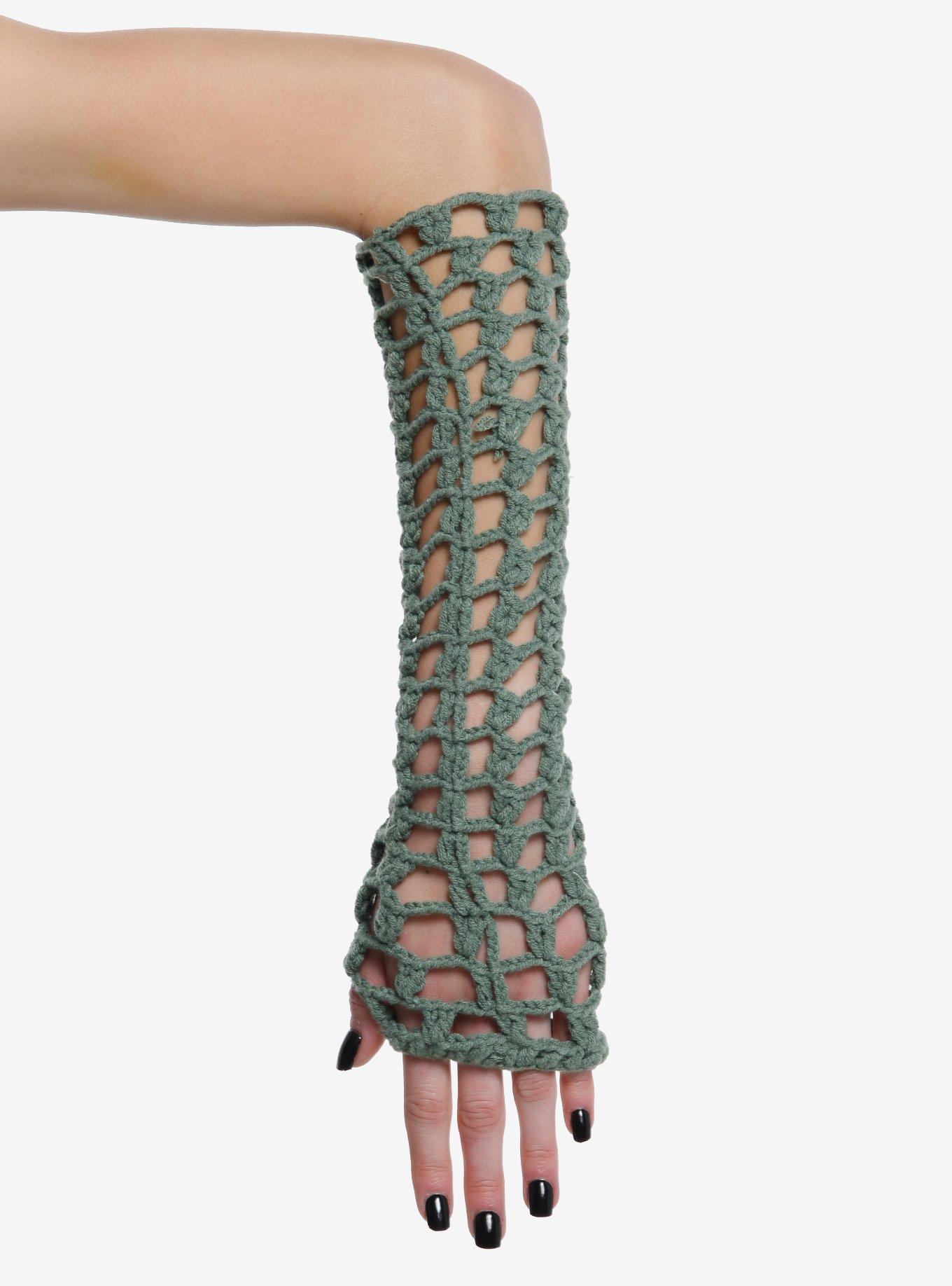 Green Cutout Crochet Arm Warmers, , hi-res