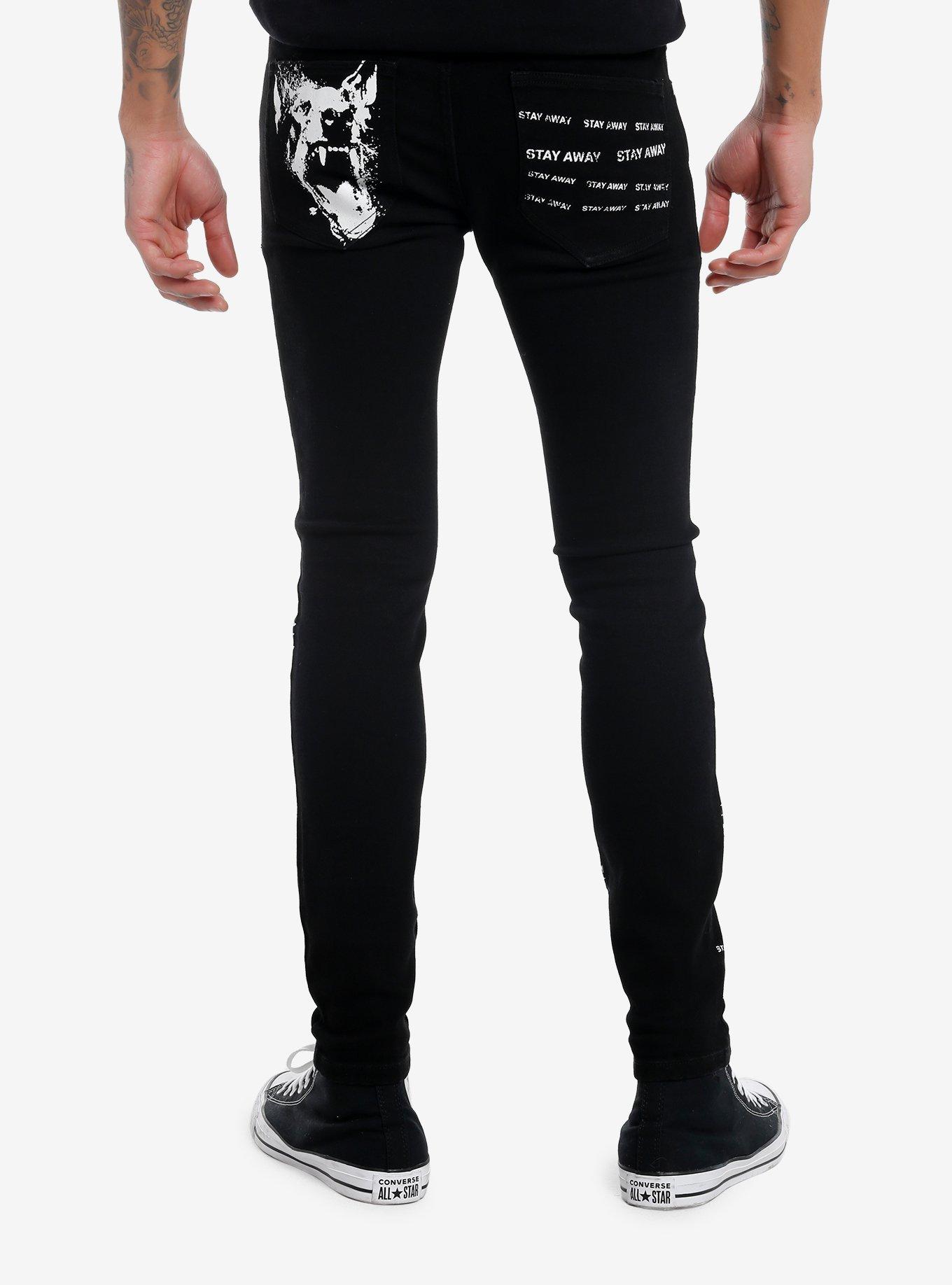 Social Collision Stay Away Printed Black Stinger Jeans, , hi-res