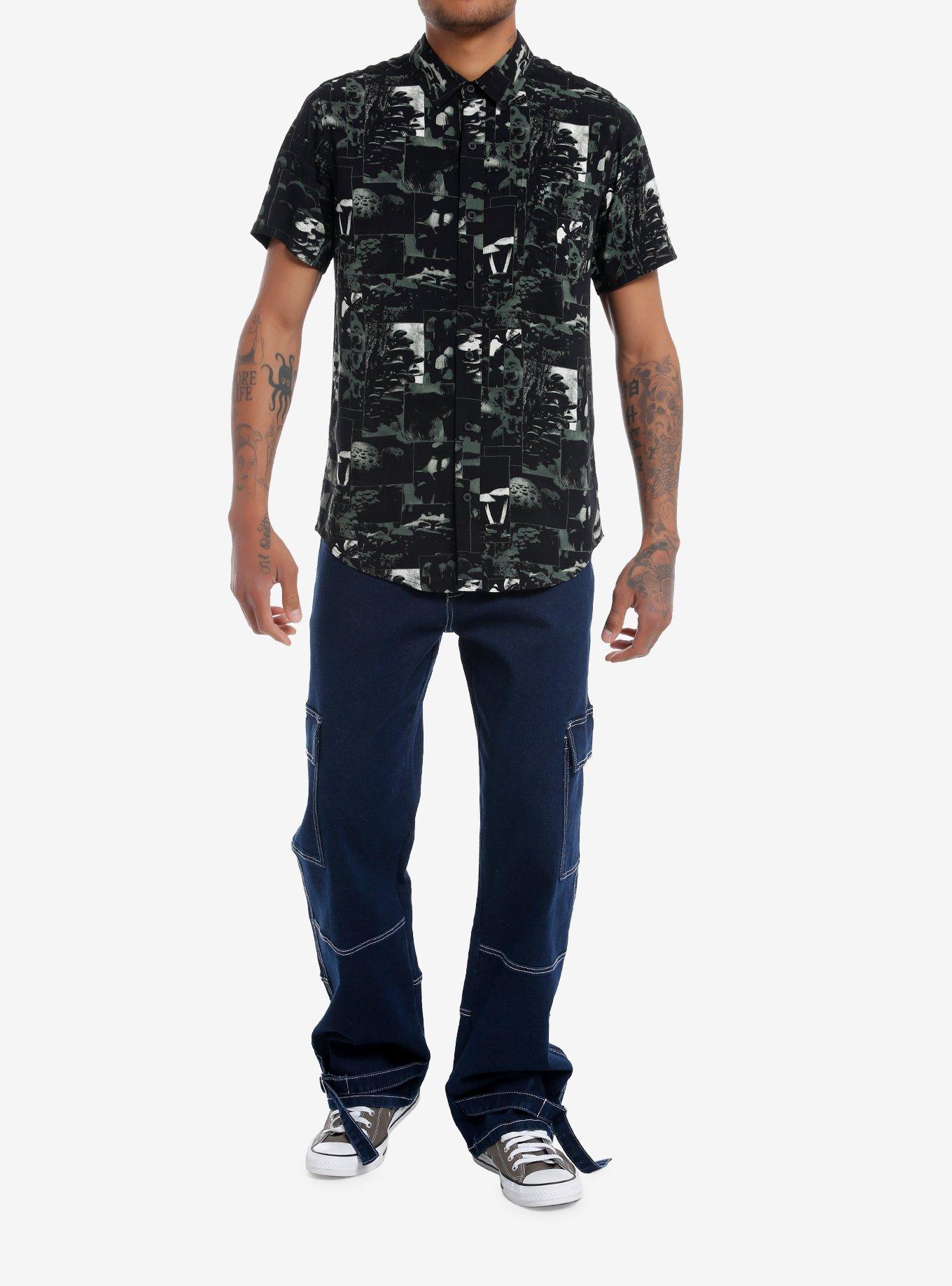 Mushroom Square Collage Woven Button-Up, BLACK, alternate