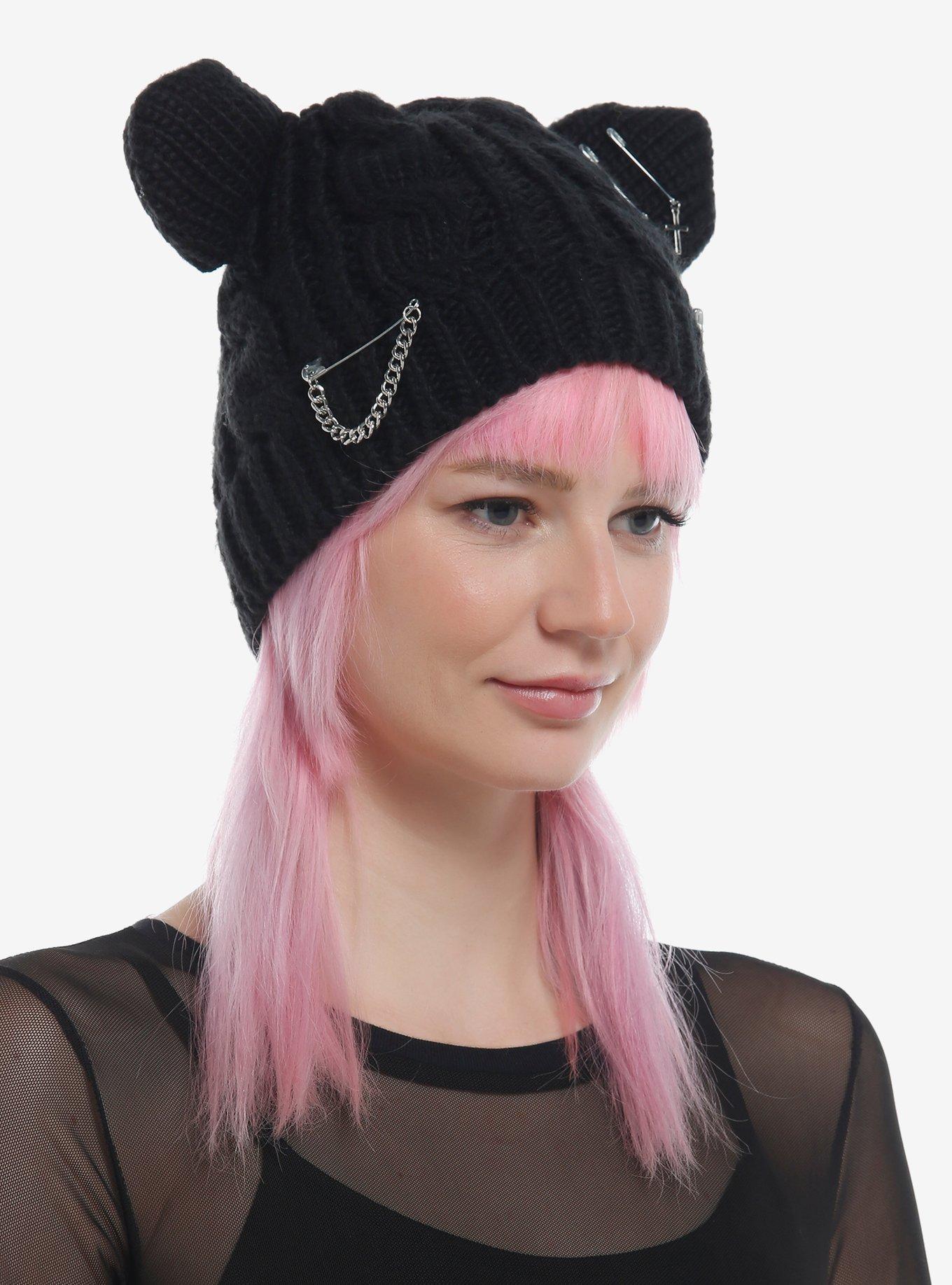 Black Pierced Cat Ear Beanie, , alternate