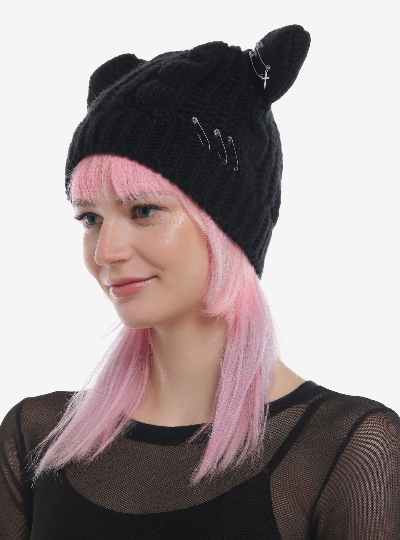 Black Pierced Cat Ear Beanie, , alternate