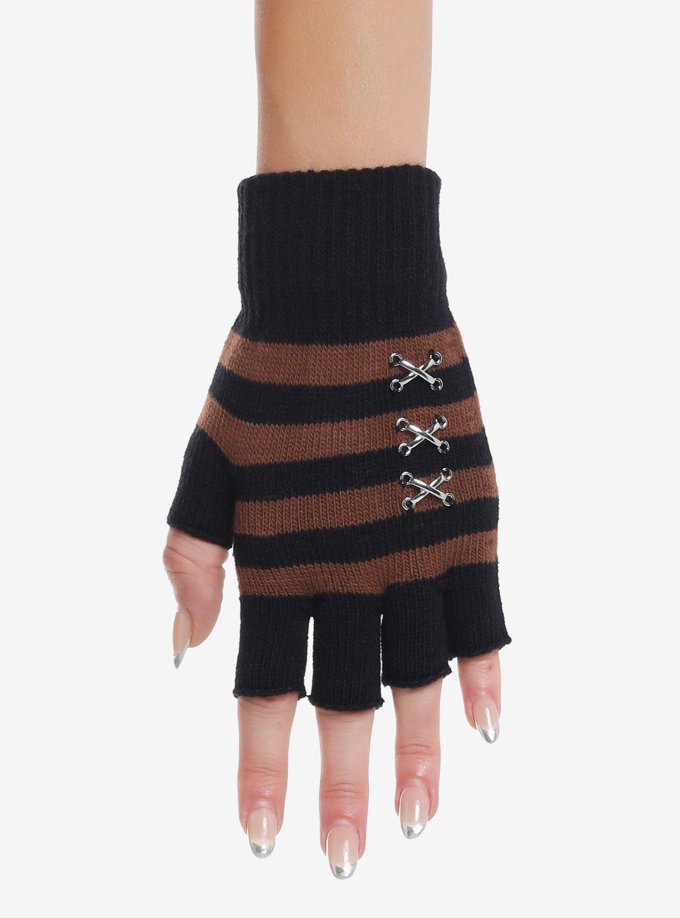 Brown & Black Stripe Stitched Fingerless Gloves, , hi-res