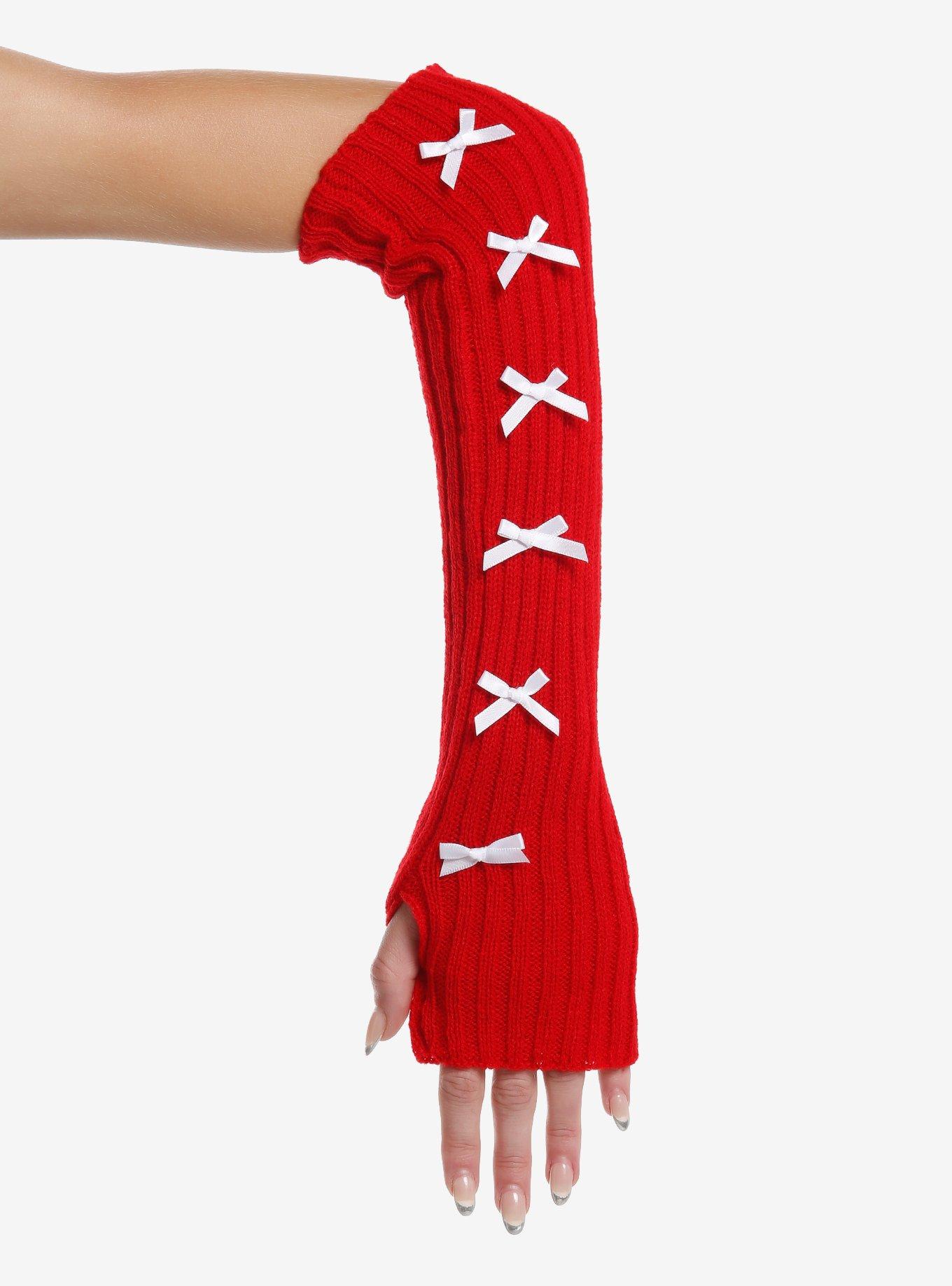 Red Ribbed & White Bow Arm Warmers, , hi-res