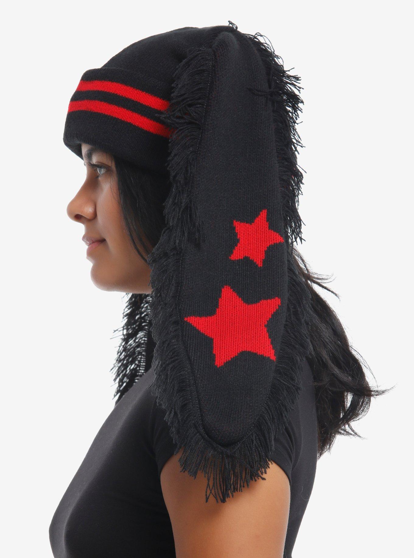 Black & Red Star Stripe Bunny Ear Beanie