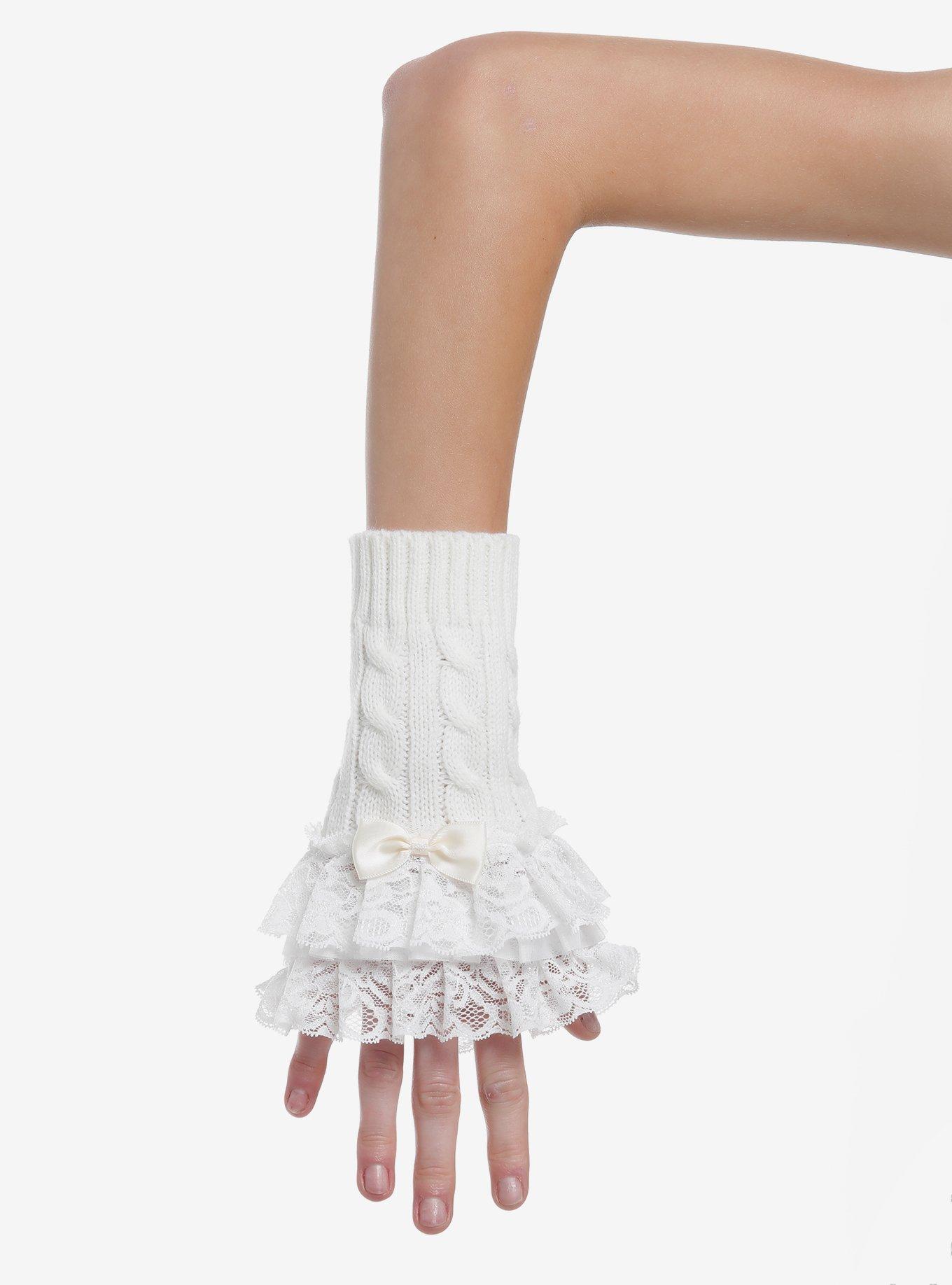 White Lace Tiered Bow Arm Warmers, , hi-res