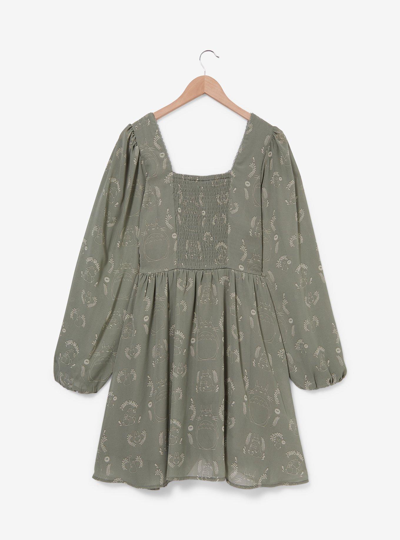 Studio Ghibli My Neighbor Totoro Floral Totoro Allover Print Long Sleeve Plus Size Smock Dress - BoxLunch Exclusive, SAGE, alternate