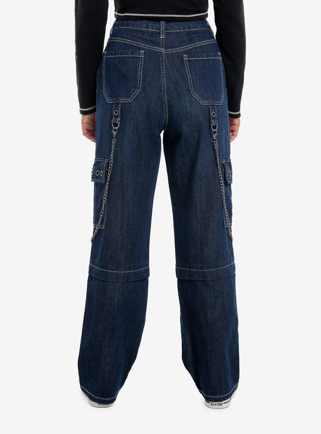 Dark Blue Grommets & Chains Wide Leg Jeans, DARK BLUE, alternate