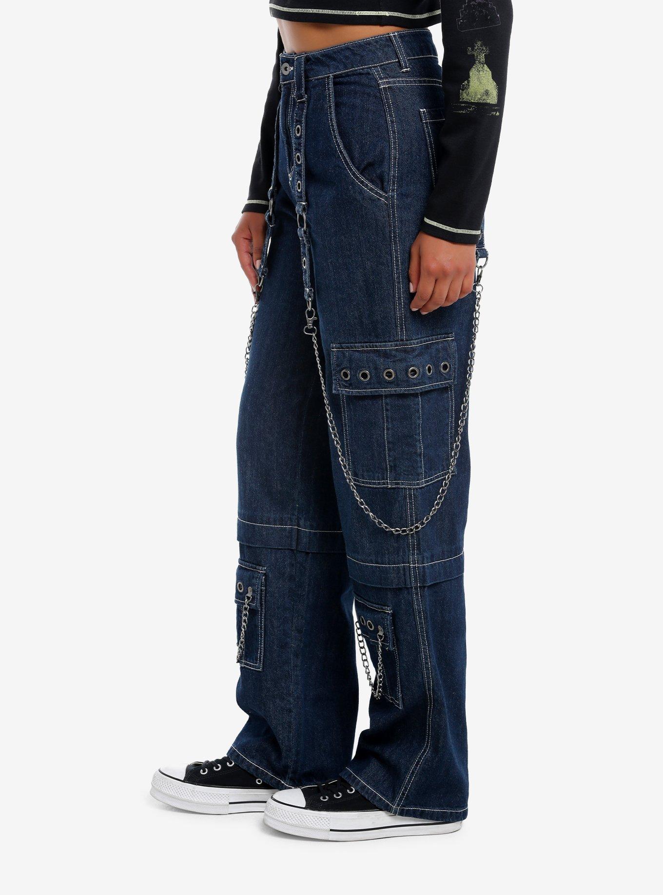 Dark Blue Grommets & Chains Wide Leg Jeans, DARK BLUE, alternate
