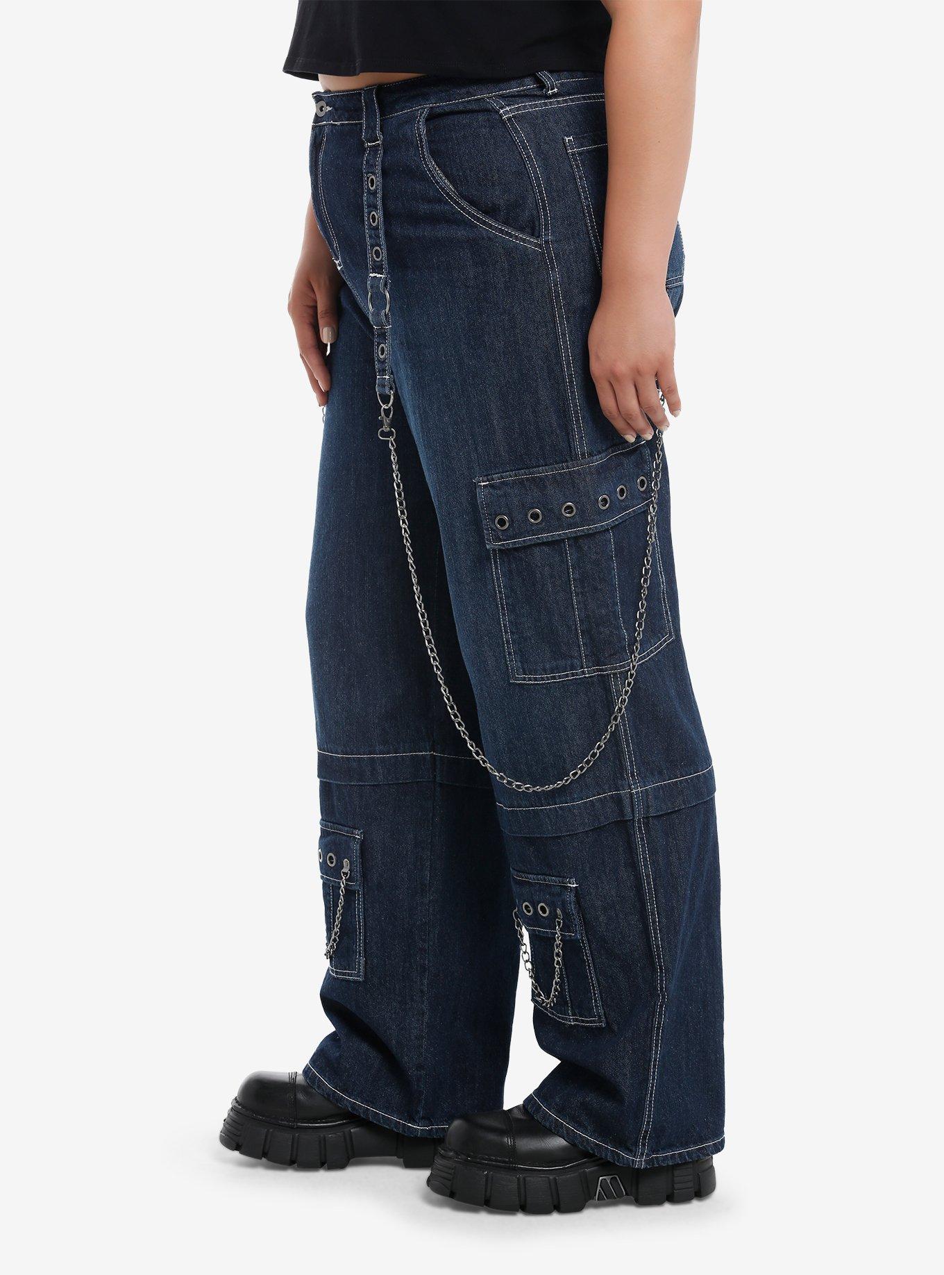 Dark Blue Grommets & Chains Wide-Leg Jeans Plus Size, DARK BLUE, alternate