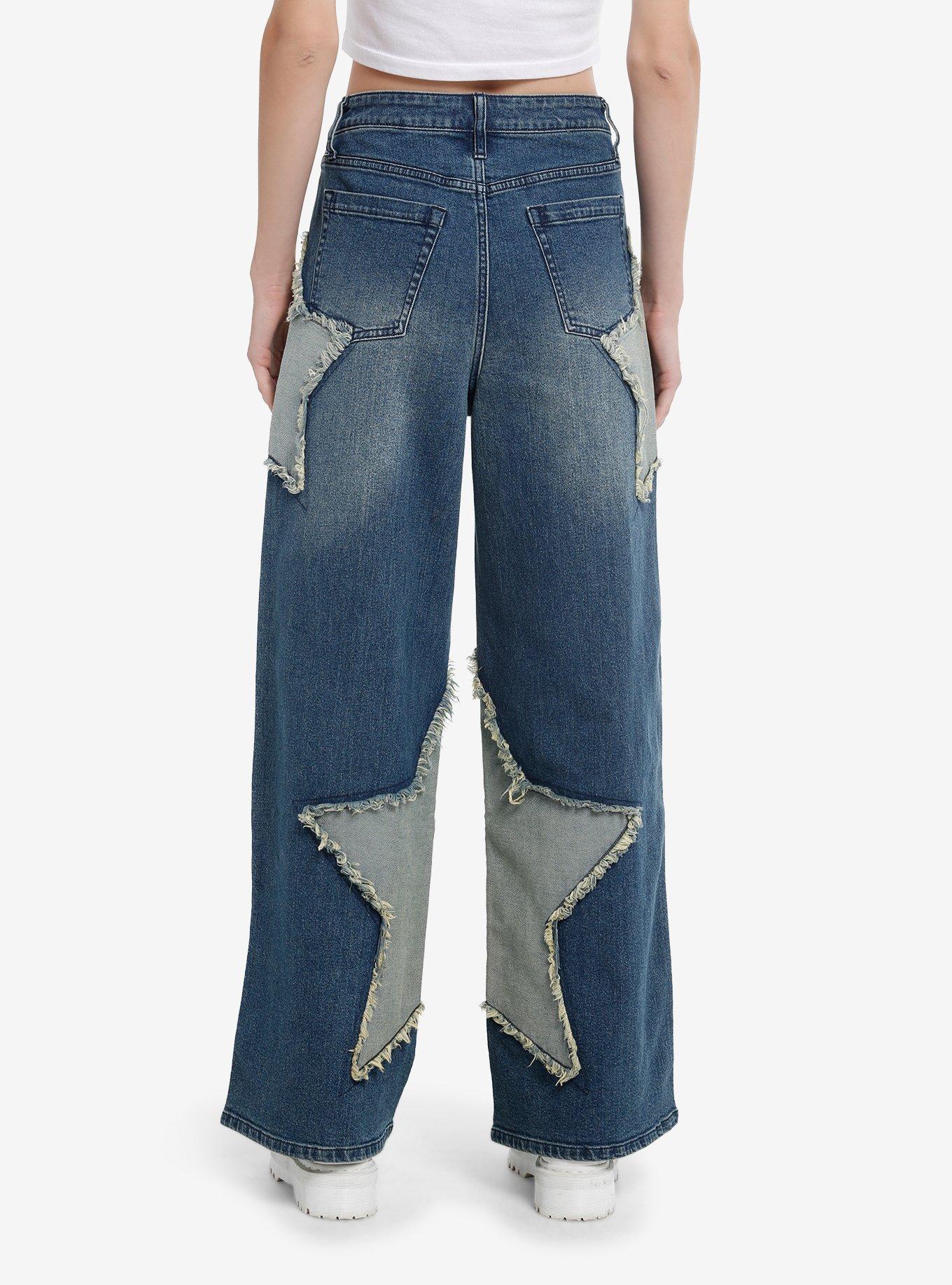 Two-Toned Star Appliqué Wide-Leg Jeans