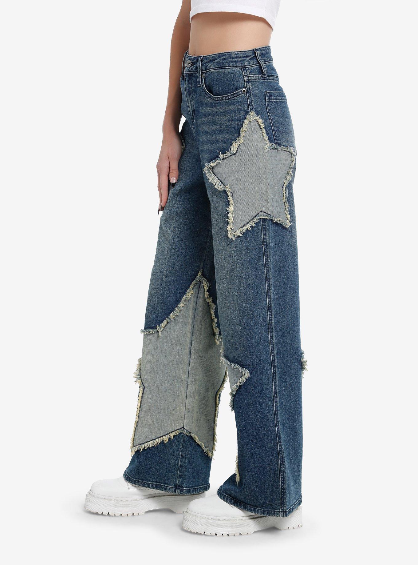 Two-Toned Star Appliqué Wide-Leg Jeans