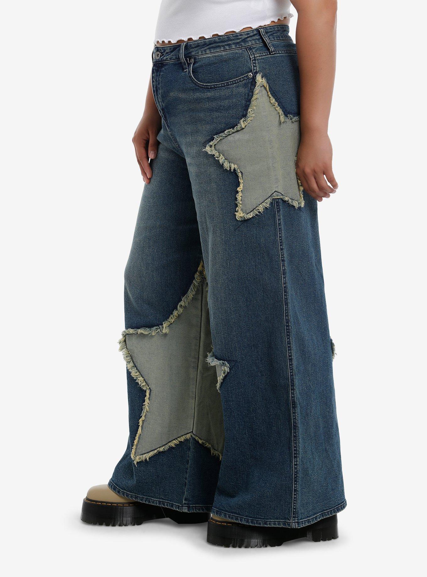 Two-Toned Star Appliqué Wide-Leg Jeans Plus