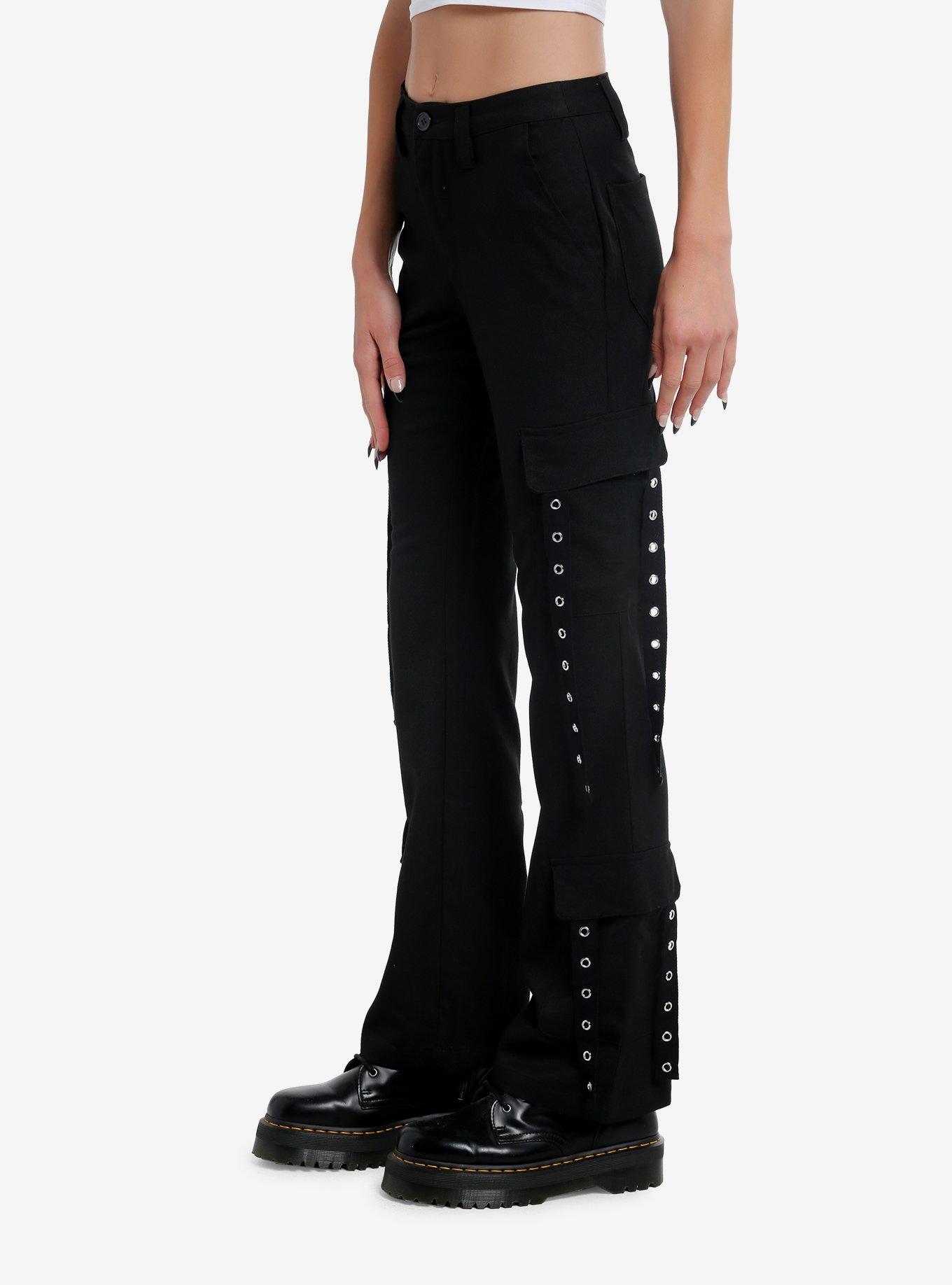 Black Grommet Strap Cargo Pocket Pants, BLACK, alternate