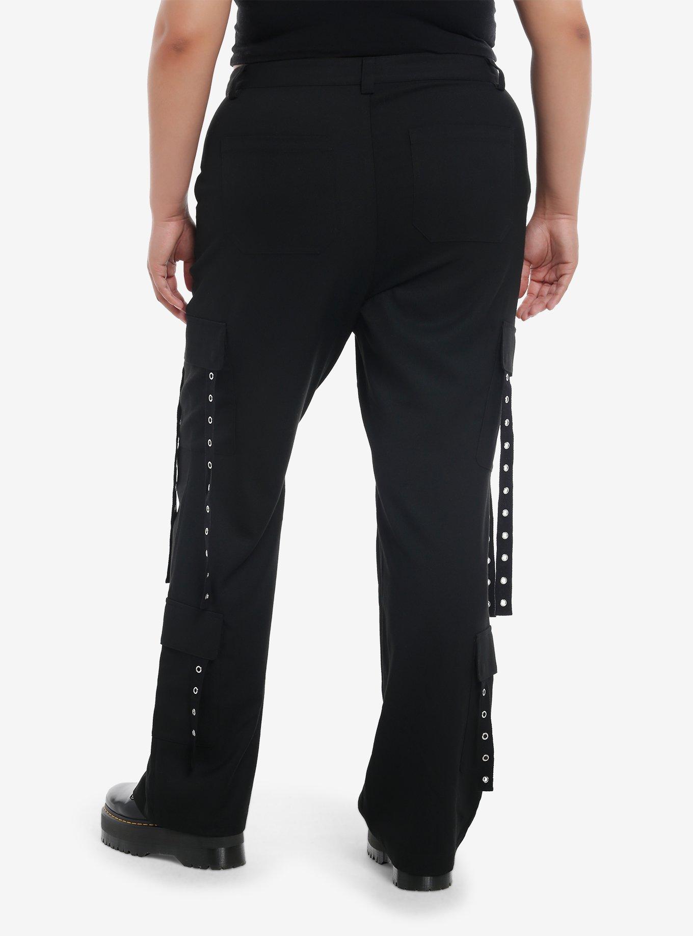 Black Grommet Strap Cargo Pocket Pants Plus Size, , hi-res