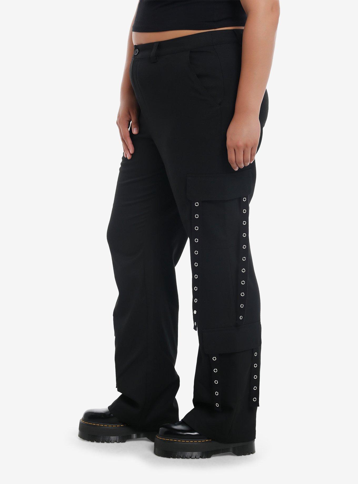 Black Grommet Strap Cargo Pocket Pants Plus Size, BLACK, alternate