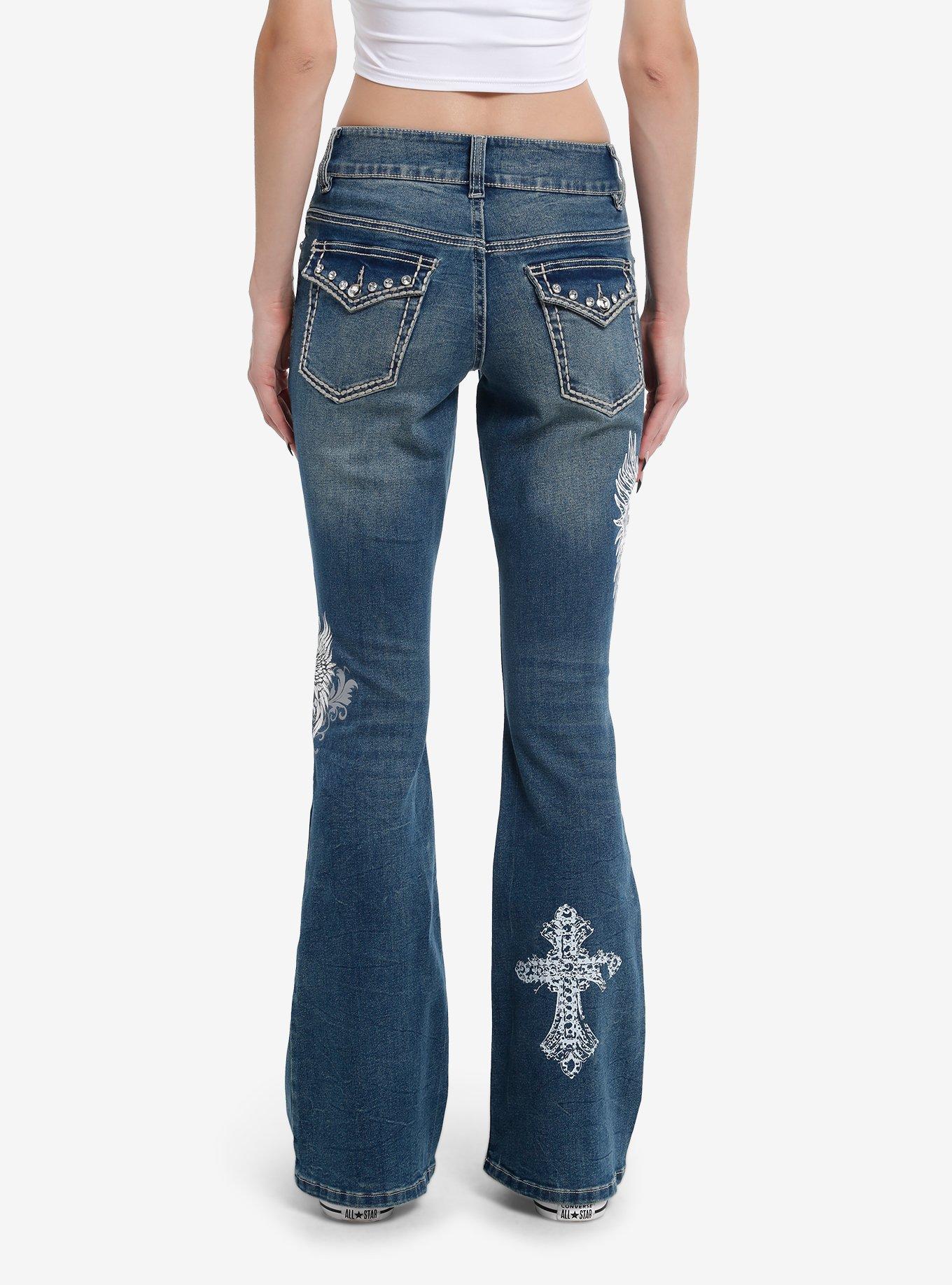 Cross Skull Wings Rhinestone Flare Denim Pants