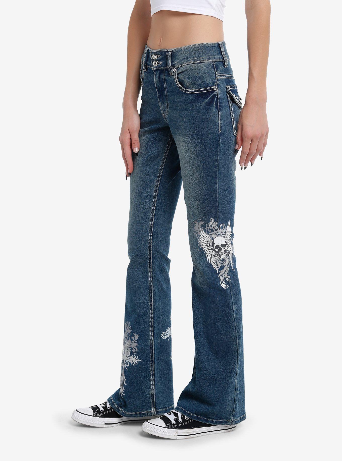 Cross Skull Wings Rhinestone Flare Denim Pants