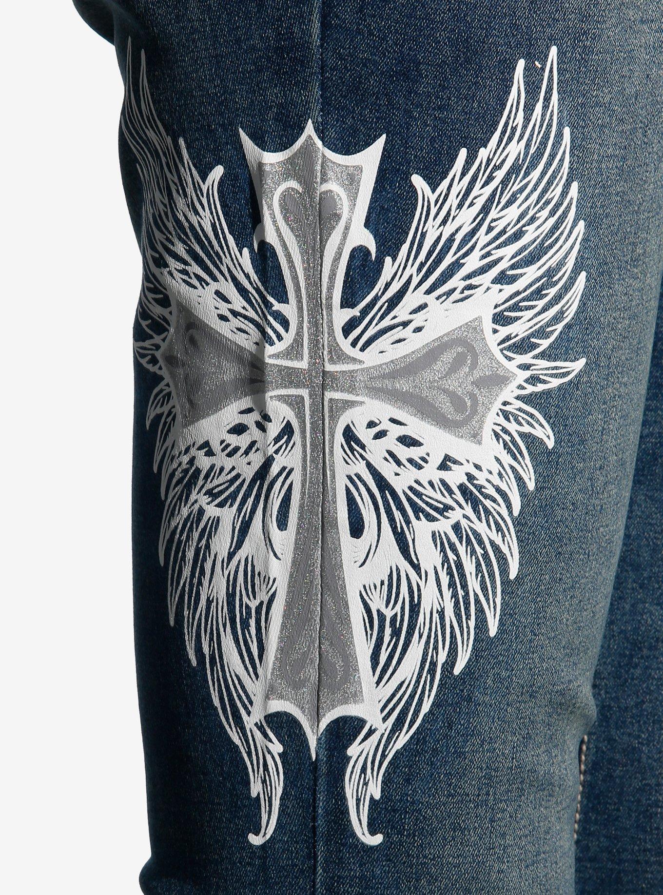 Cross Skull Wings Rhinestone Flare Denim Pants