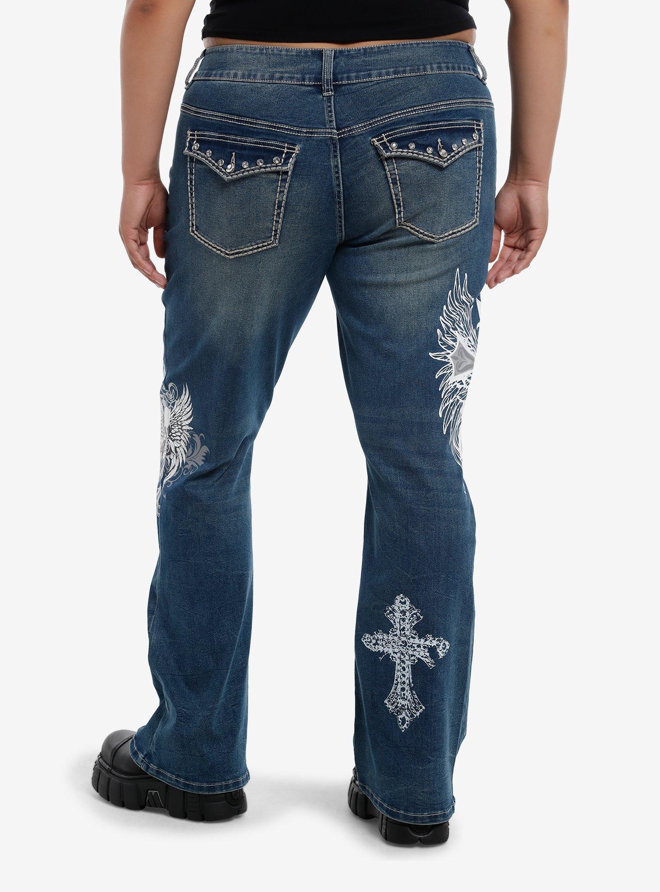 Cross Skull Wings Rhinestone Flare Denim Pants Plus Size, , hi-res