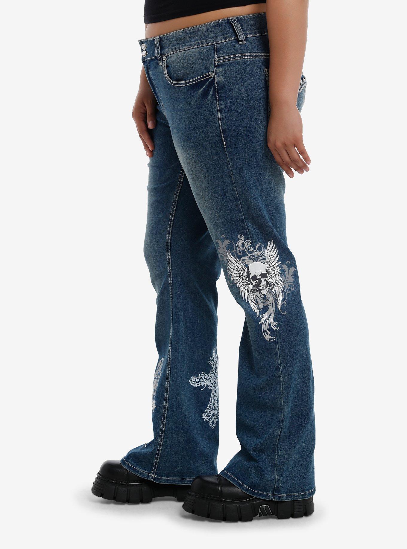 Cross Skull Wings Rhinestone Flare Denim Pants Plus Size, , alternate