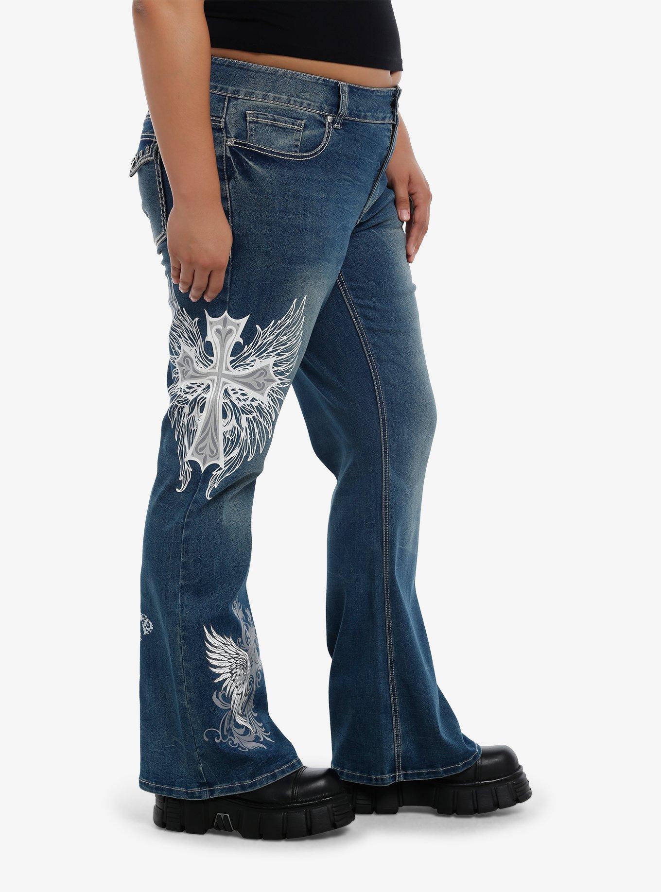 Cross Skull Wings Rhinestone Flare Denim Pants Plus Size, , alternate