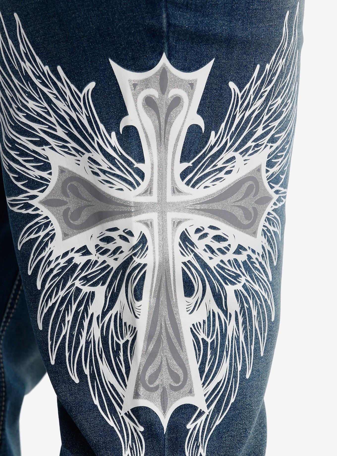 Cross Skull Wings Rhinestone Flare Denim Pants Plus Size, , alternate